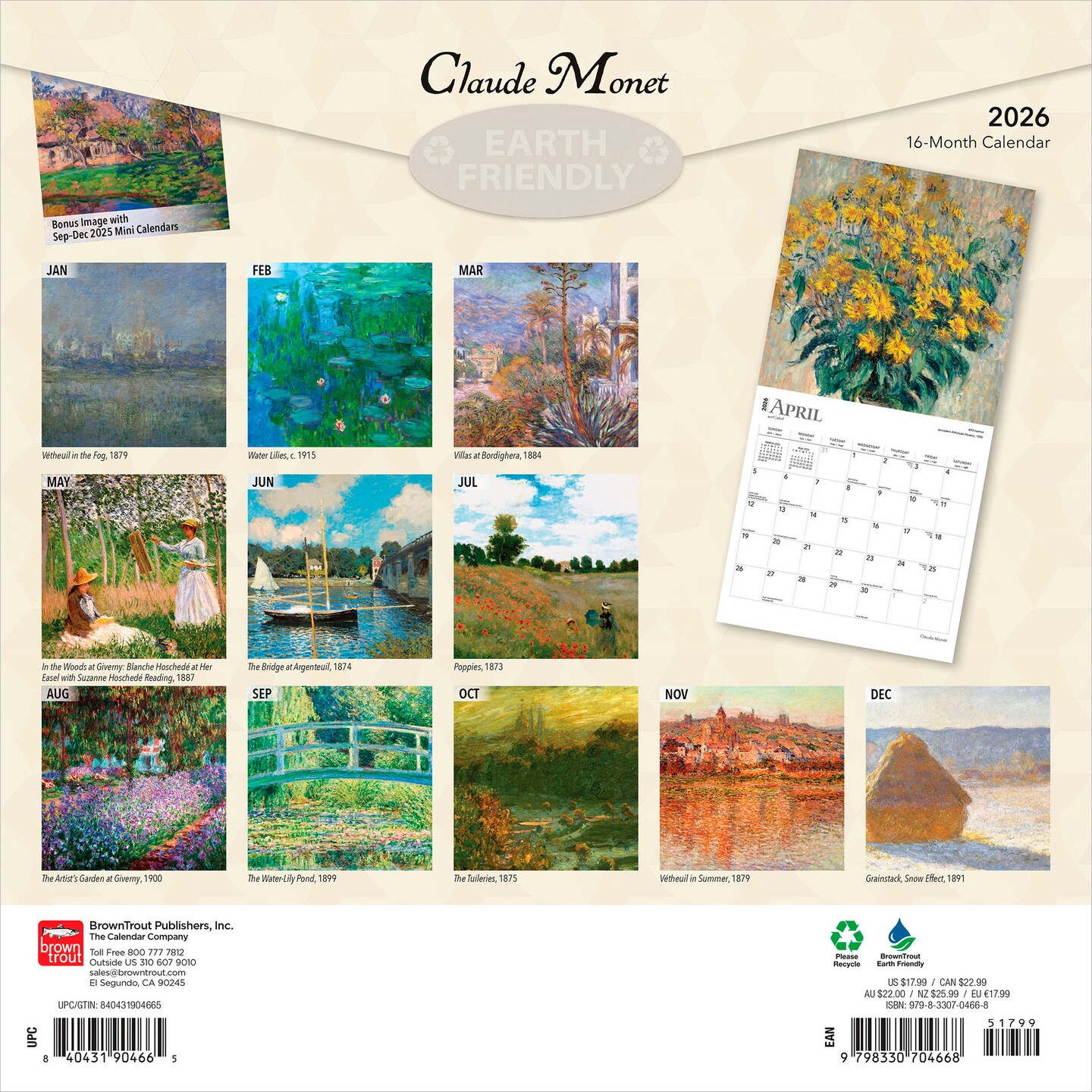 Claude Monet | 2026 12 x 24 Inch (Hanging) Monthly Square Wall Calendar | Foil Stamped Cover | Plastic-Free