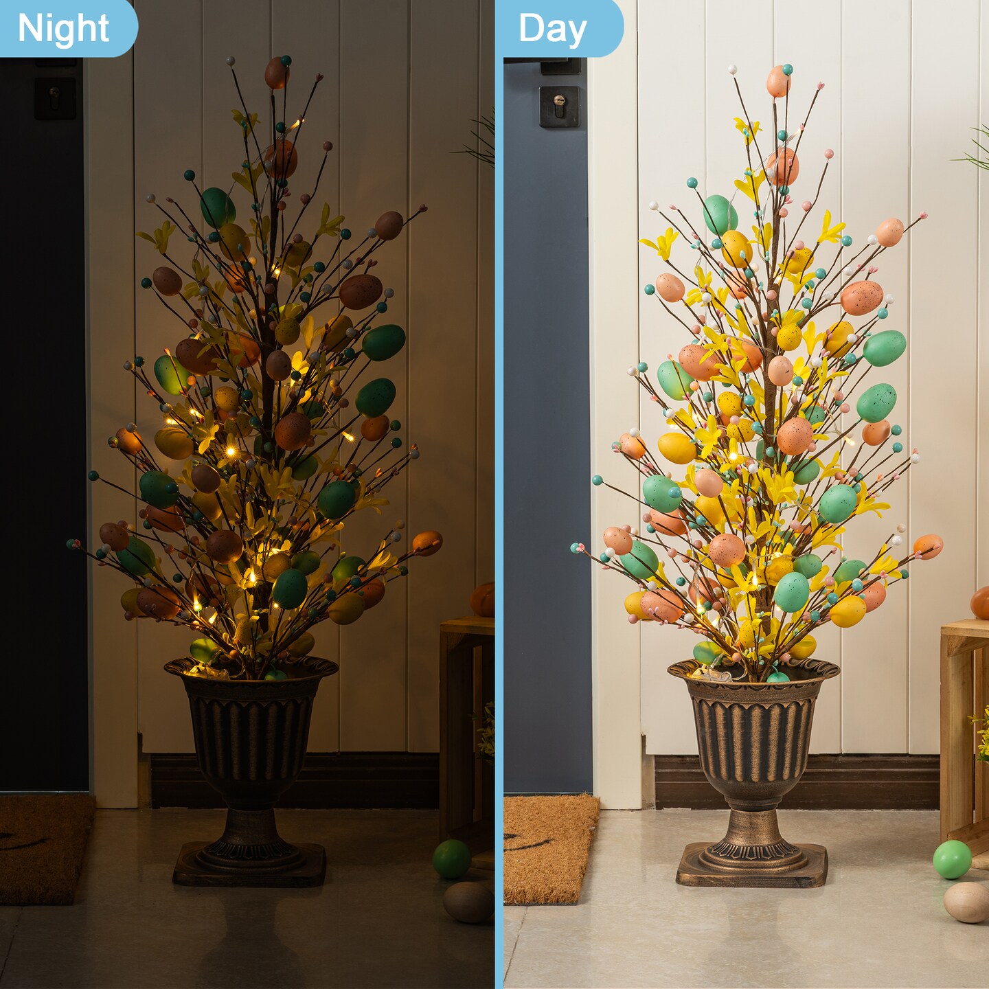 Set of 2 36"H Easter Egg & Flower Urn Porch Tree, 20 Warm White Lights with timer