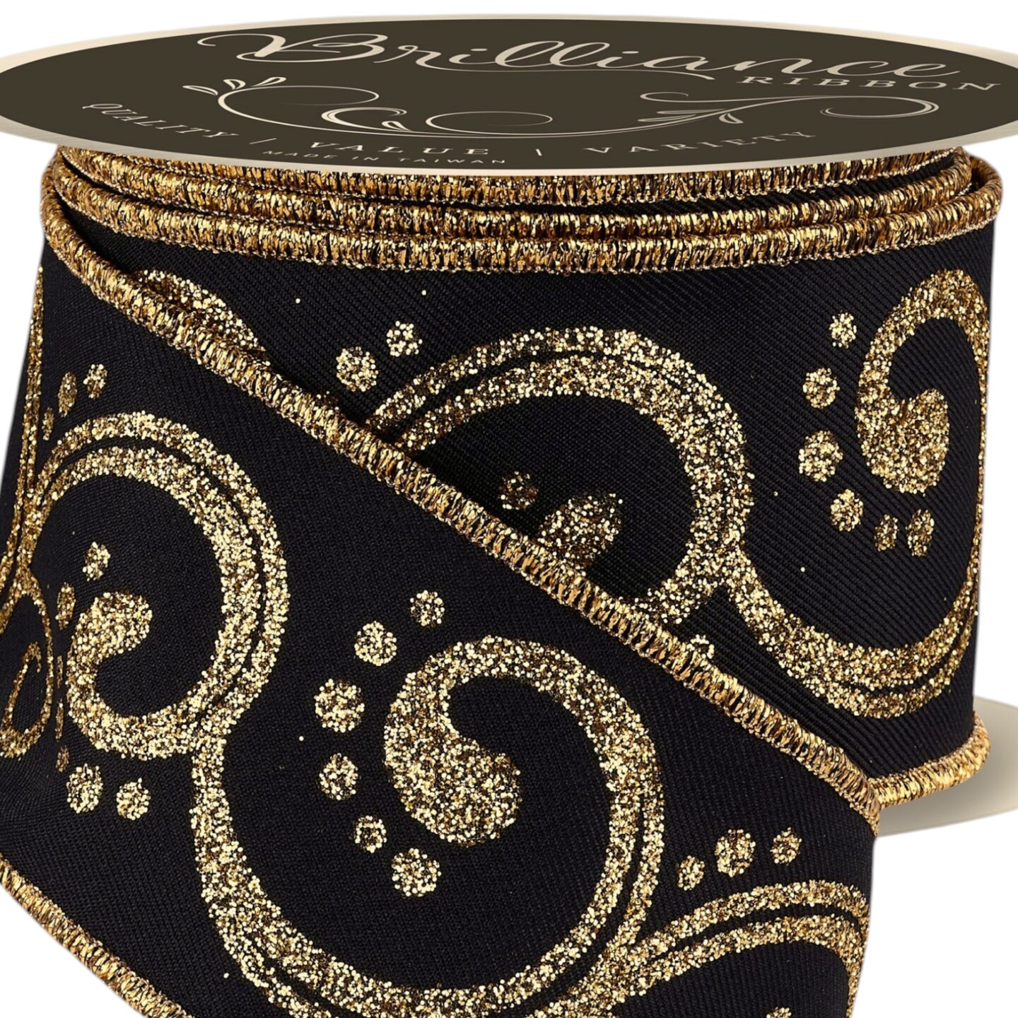 Brilliance 2.5" Black and Gold Filigree Glitter Swirl Wired Ribbon, 10 Yards for Christmas Bows, Wreaths, Gift Wrap, Crafts and Decorations