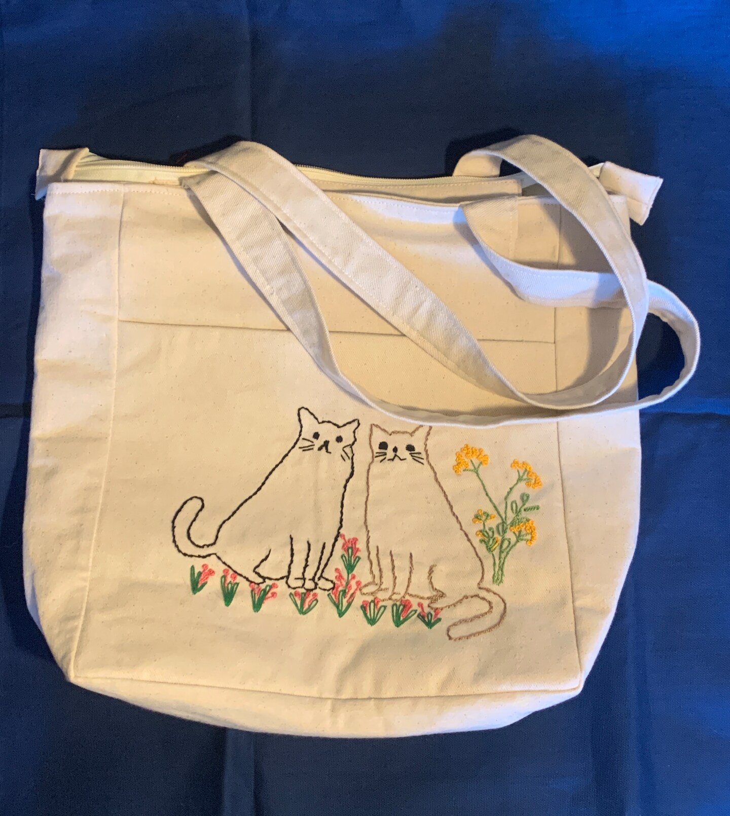 Handmade Off white Denim fabric Cat Embroidered Zippered Tote Bag