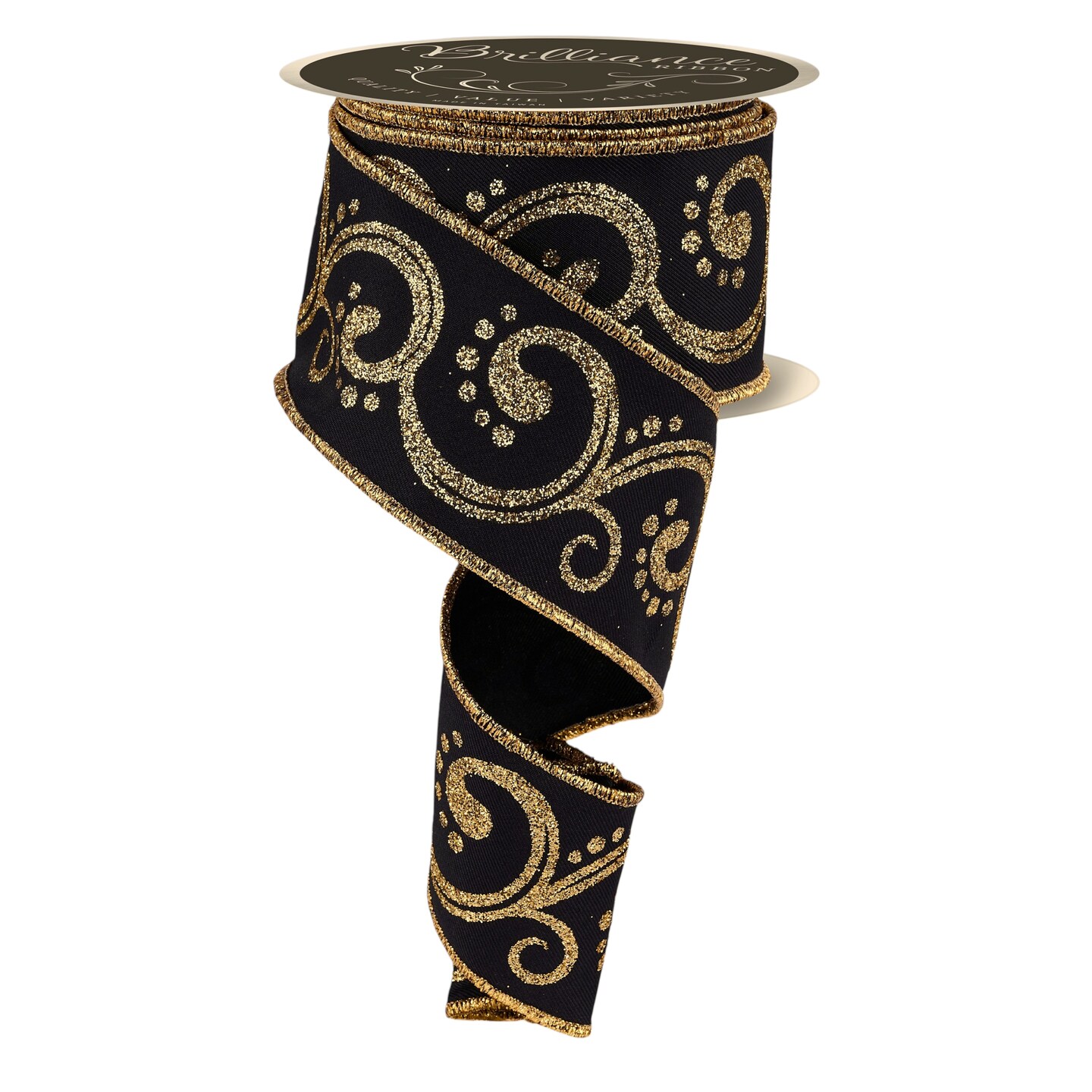 Brilliance 2.5" Black and Gold Filigree Glitter Swirl Wired Ribbon, 10 Yards for Christmas Bows, Wreaths, Gift Wrap, Crafts and Decorations