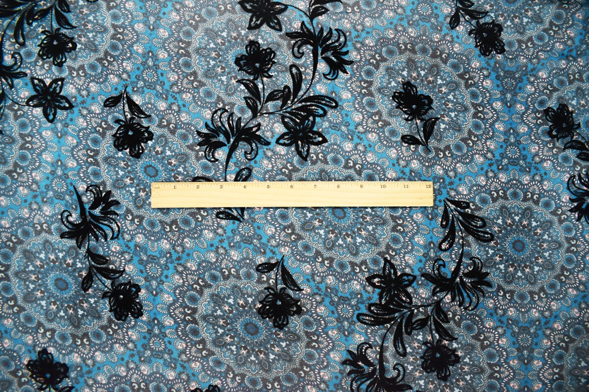Teal-Multi Poly Moroccan Floral Velvet Flock Chiffon Woven Fabric By the Yard