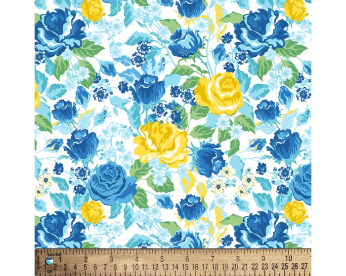 Yellow and Blue Roses Floral Cotton Fabric | By the Yard | Sewing and Crafting | 44 inches wide