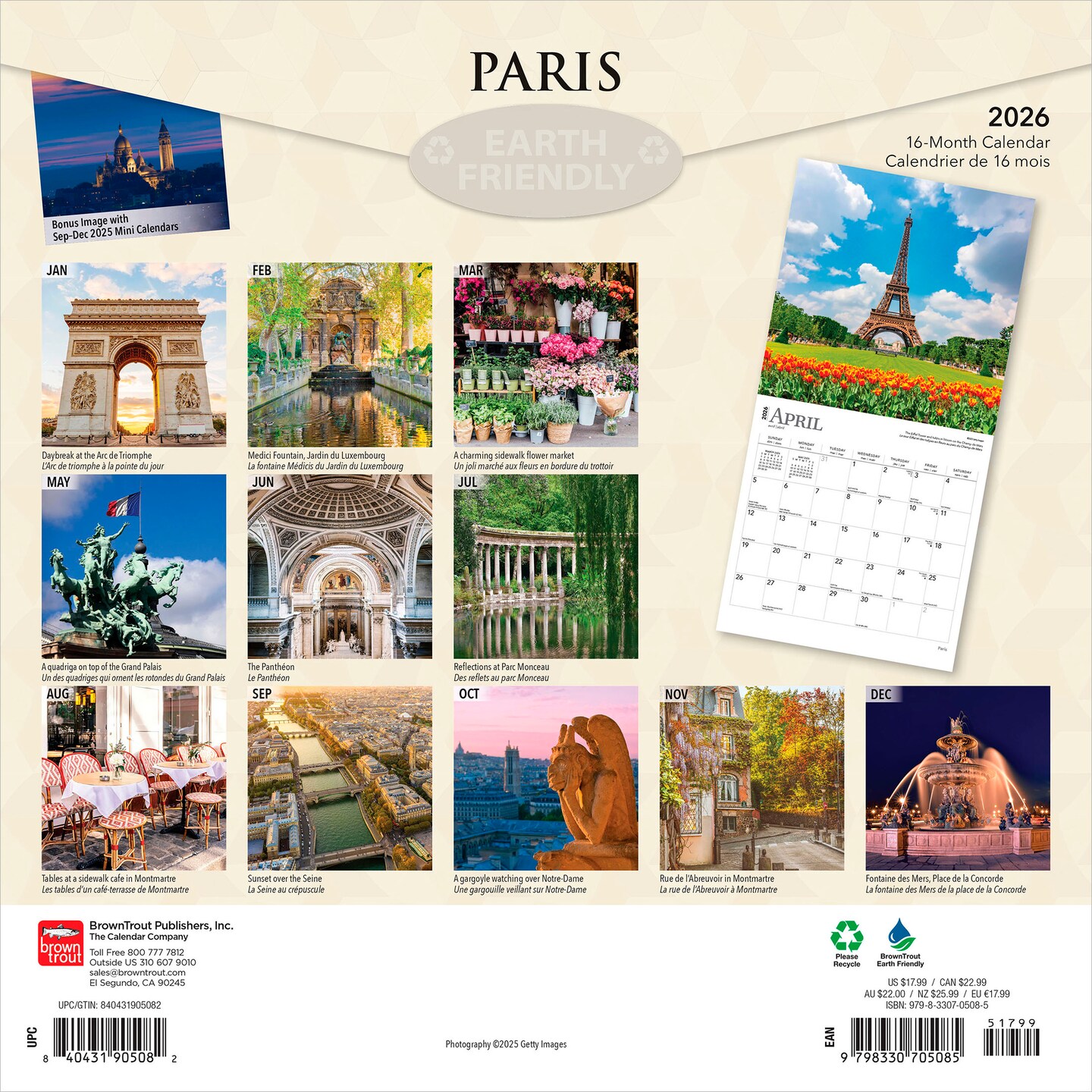 Paris | 2026 12 x 24 Inch (Hanging) Monthly Square Wall Calendar | Foil Stamped Cover | English/French Bilingual | Plastic-Free