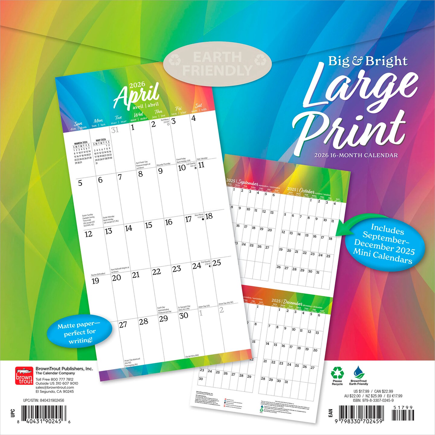 Big &#x26; Bright Large Print | 2026 12 x 24 Inch (Hanging) Monthly Square Wall Calendar | Matte Paper | Plastic-Free