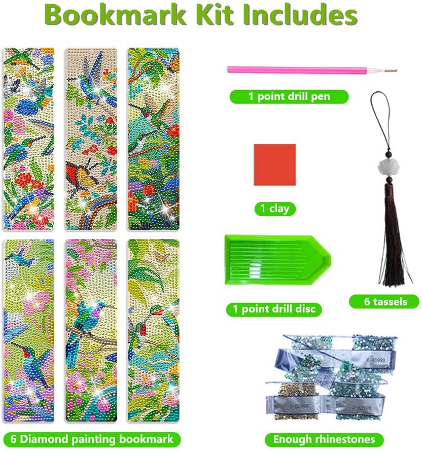 6PCS Diamond Art Bookmarks – Hummingbird DIY Acrylic Diamond Painting Kits for Adults, Book Lovers & Craft Enthusiasts