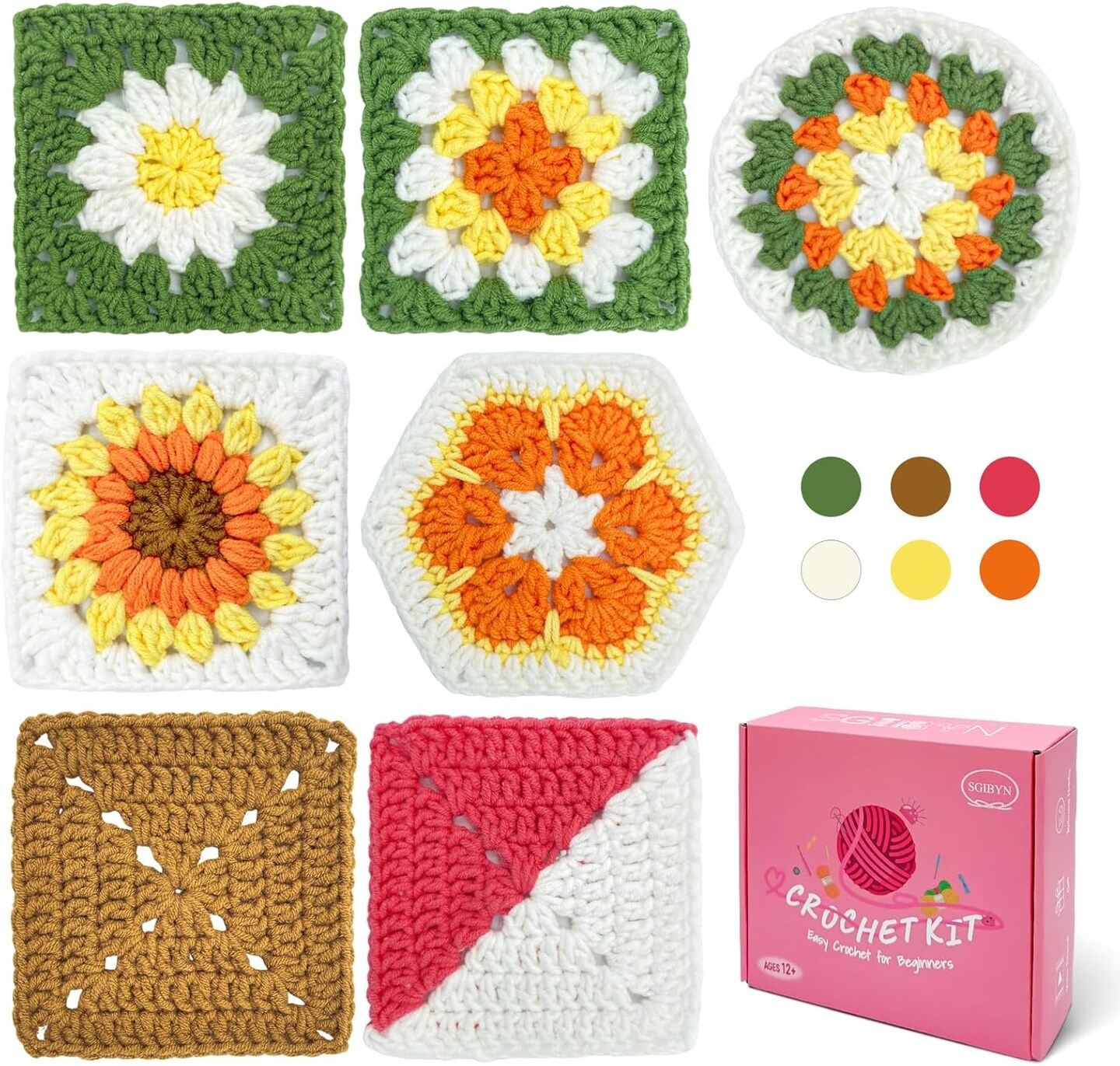 Crochet Kit for Beginners with Step-by-Step Video Tutorials, Granny Squares Beginners Starter Crochet Kit for Women Knitting Kits Learn to Crochet Set (Granny Squares)