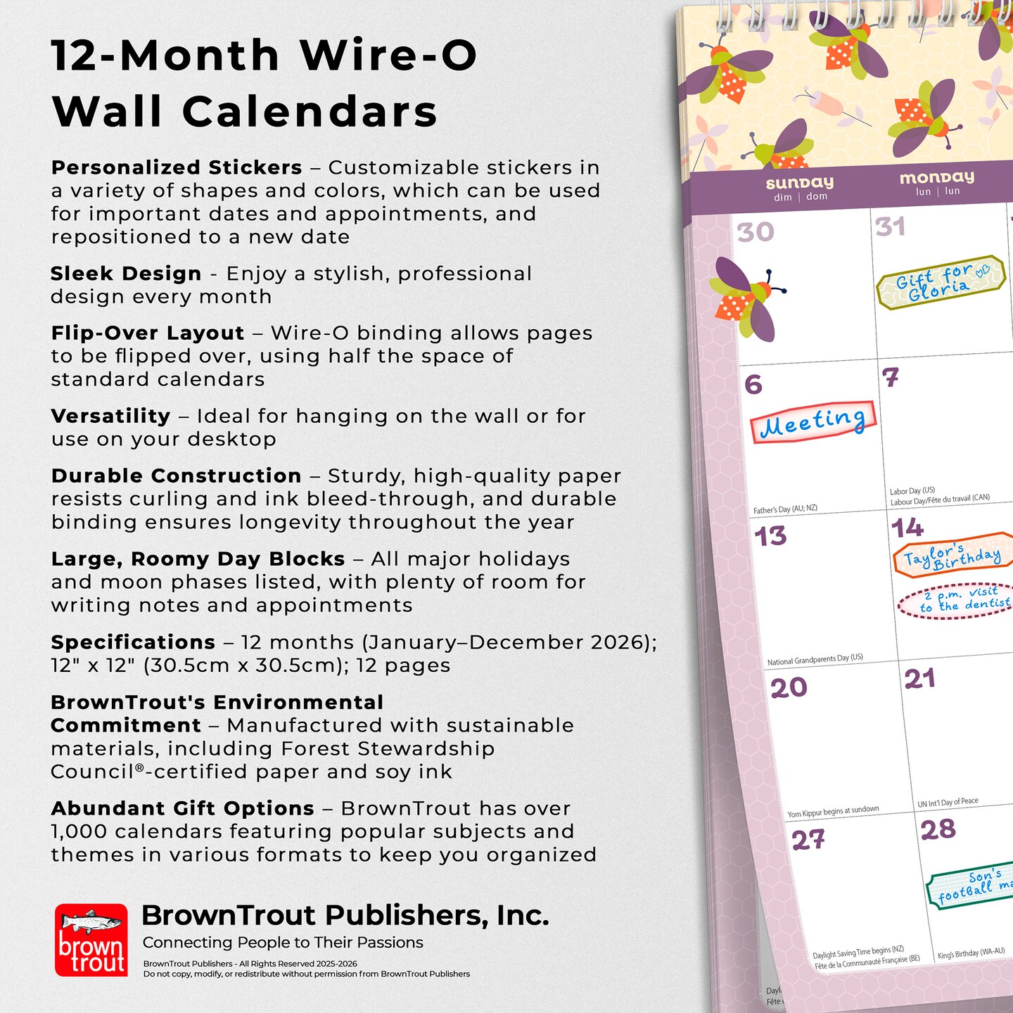 Busy Bees | 2026 12 x 12 Inch (Hanging) Monthly Square Wire-O Calendar | Sticker Sheet