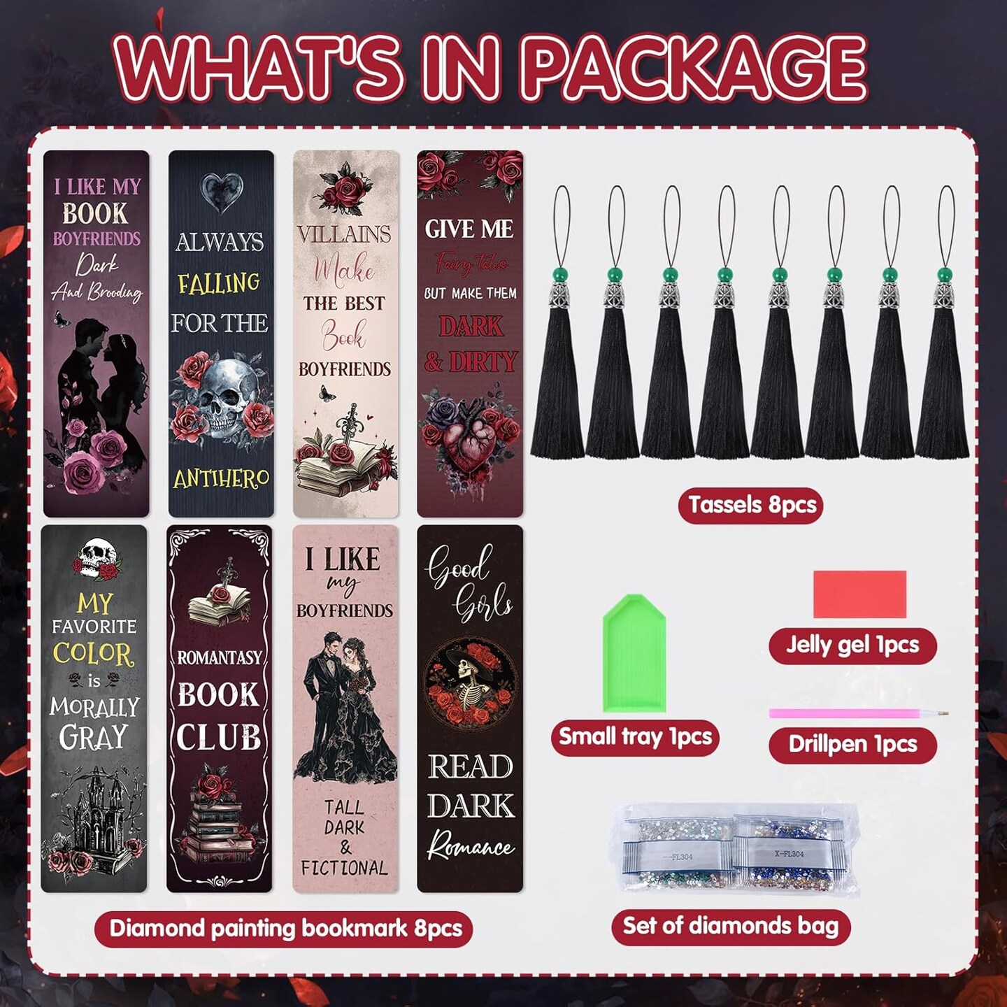 8 Pcs Gothic Dark Romance Diamond Painting Bookmarks Kit