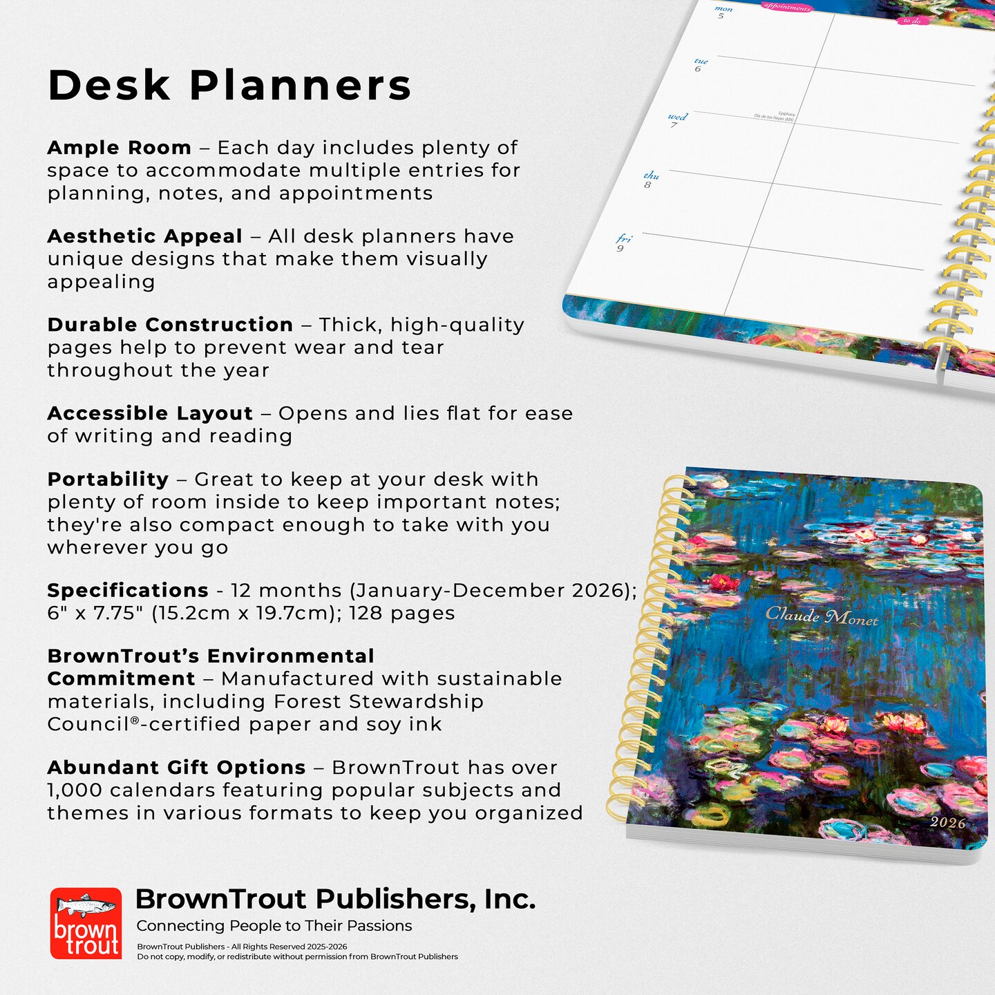 Claude Monet | 2026 6x7.75 Inch Weekly Desk Planner | Foil Stamped Cover
