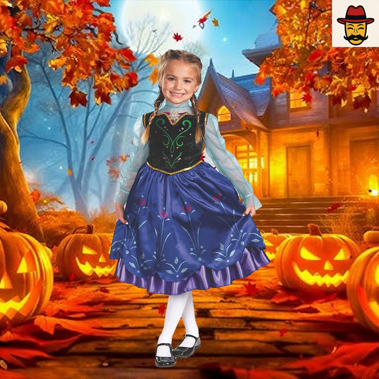 Girls Frozen Anna Costume Blue Purple Black Dress with Velvet Bodice and Floral Skirt