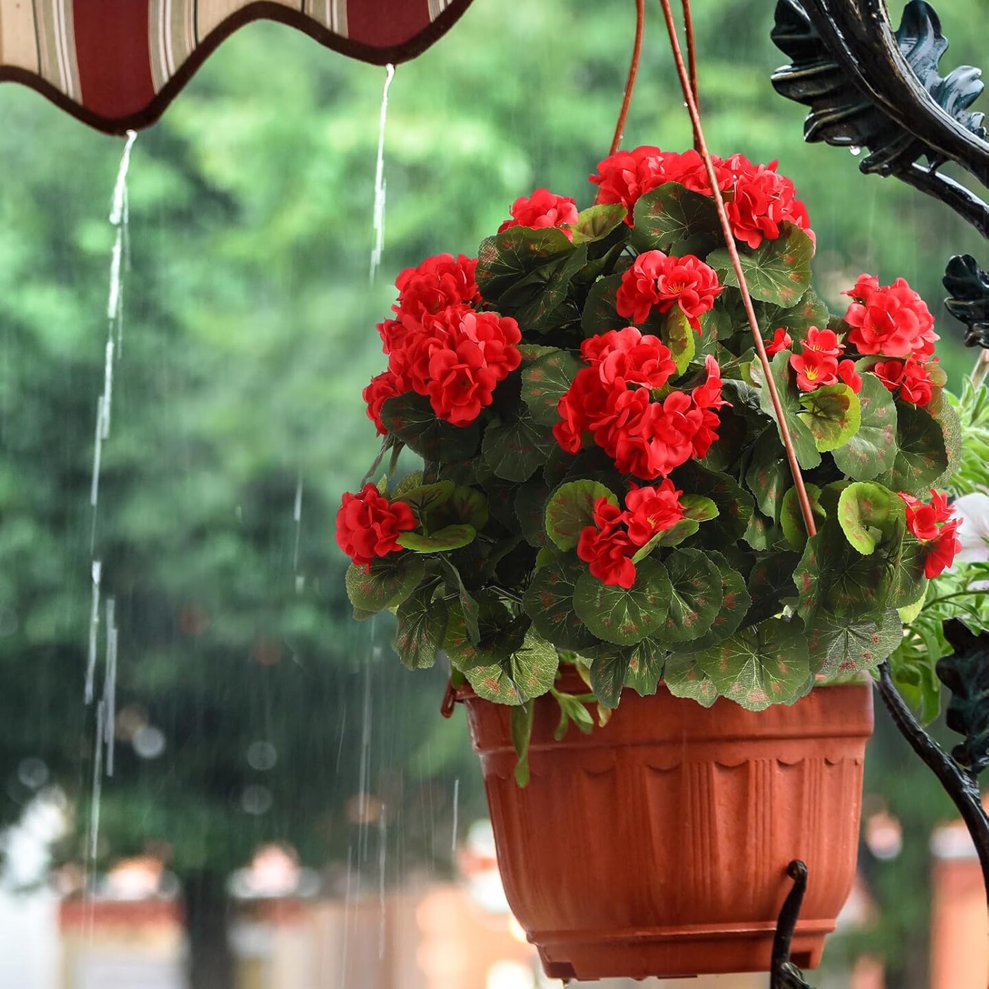 2-Pack 22'' Artificial Geranium Topiary Balls – Outdoor Faux Shrub with Ground Spikes, Potted or Hanging, Easy to Shape, Garden, Porch & Home Décor (Red and Green)