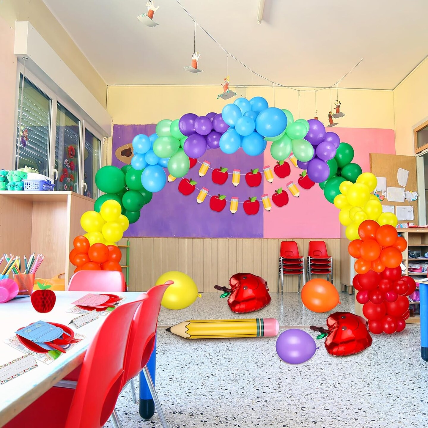 Pencil and Apple Shape Balloon Garland Arch Dinnerware Banner Honeycombs Bulk for First Day Welcome Back to School Party Classroom Decor