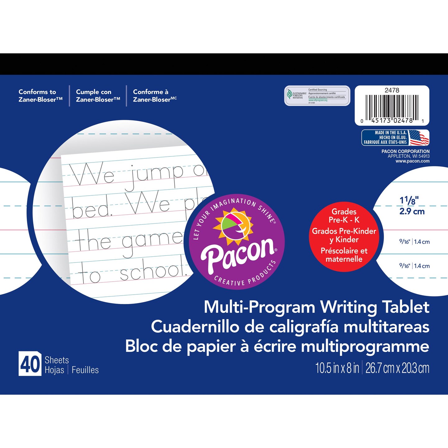 Multi-Program Handwriting Tablet, Zaner-Bloser, 1-1/8&#x22; x 9/16&#x22; x 9/16&#x22; Ruled Long, 10-1/2&#x22; x 8&#x22;, 40 Sheets