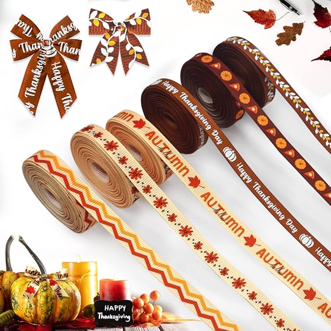 6 rolls of fall grosgrain ribbons for wrapping gifts, autumn orange leaf ribbons for decoration DIY party, 3/8&#x22; X 5 yards pumpkin Thanksgiving ribbon for gift wrapping fall crafts supplies.