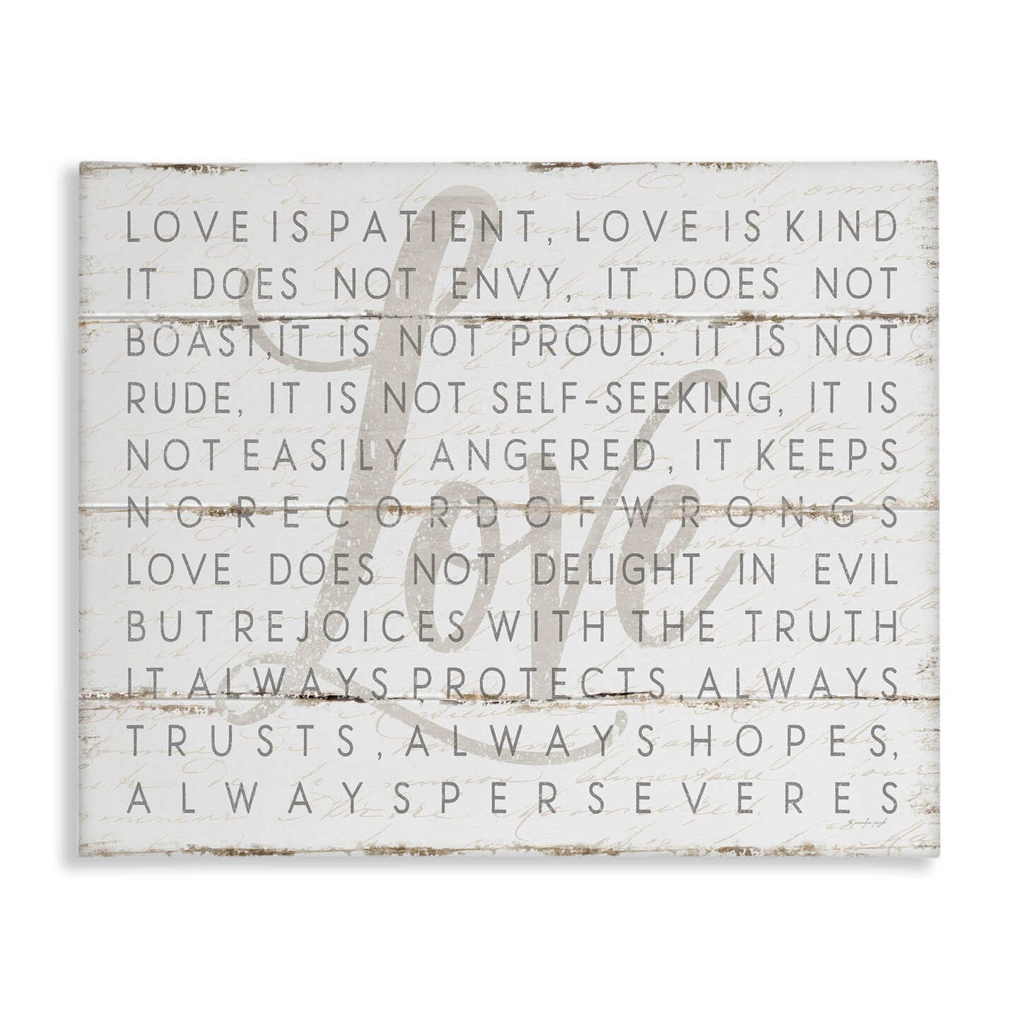 Stupell Industries Love Is Patient Grey on White Planked Look Canvas Wall Art