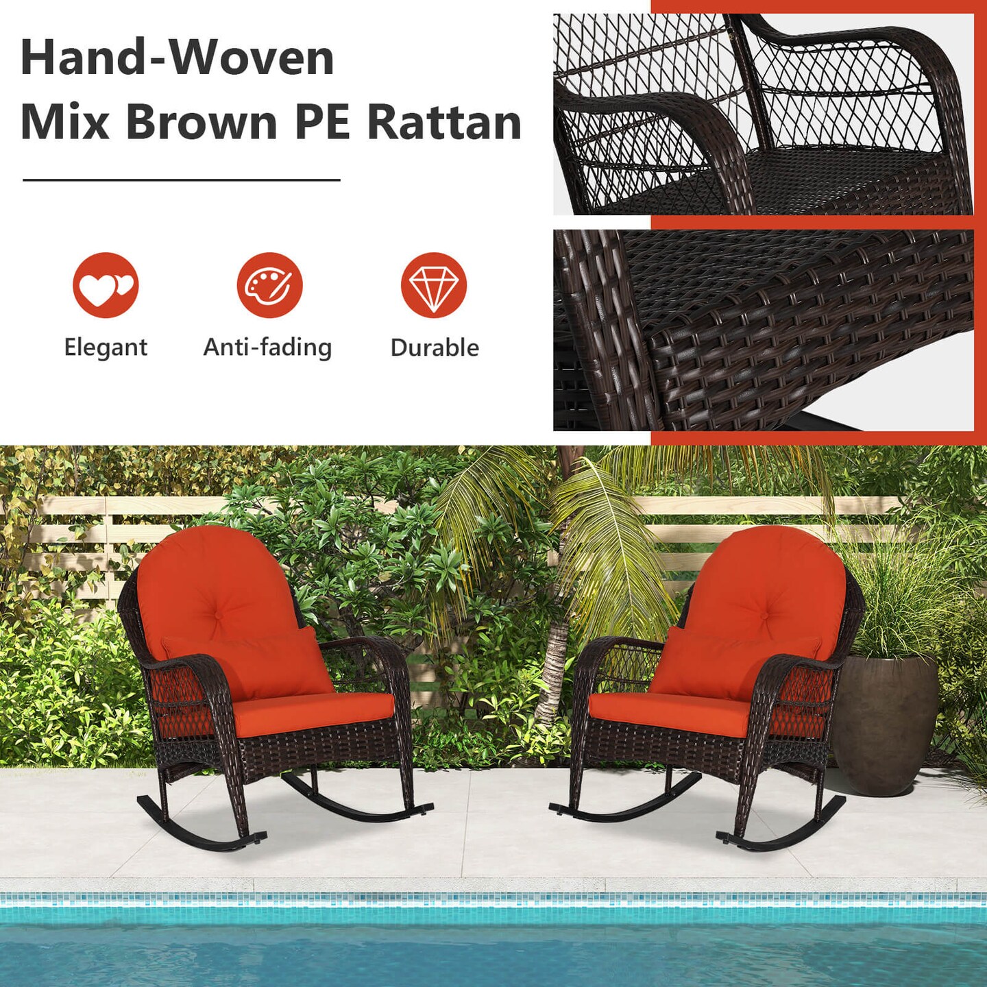 Costway 2PCS Patio Wicker Rocking Chair W/Seat Back Cushions &#x26; Lumbar Pillow Balcony