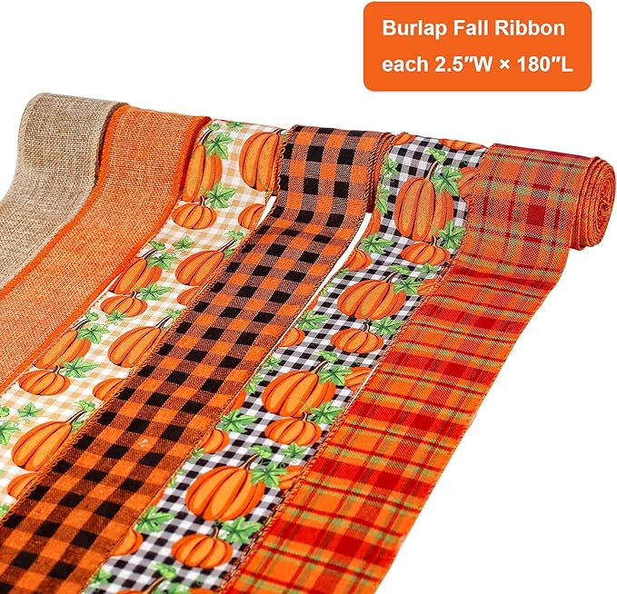 6 Rolls 30 Yards Fall Burlap Ribbon, 2.5&#x22; Wide Buffalo Plaid Wired Edge Ribbon with Pumpkin Pattern. Thanksgiving Theme Craft Ribbon Rustic Autumn Harvest Ribbon for Gift Wrapping. Making a wreath bow.