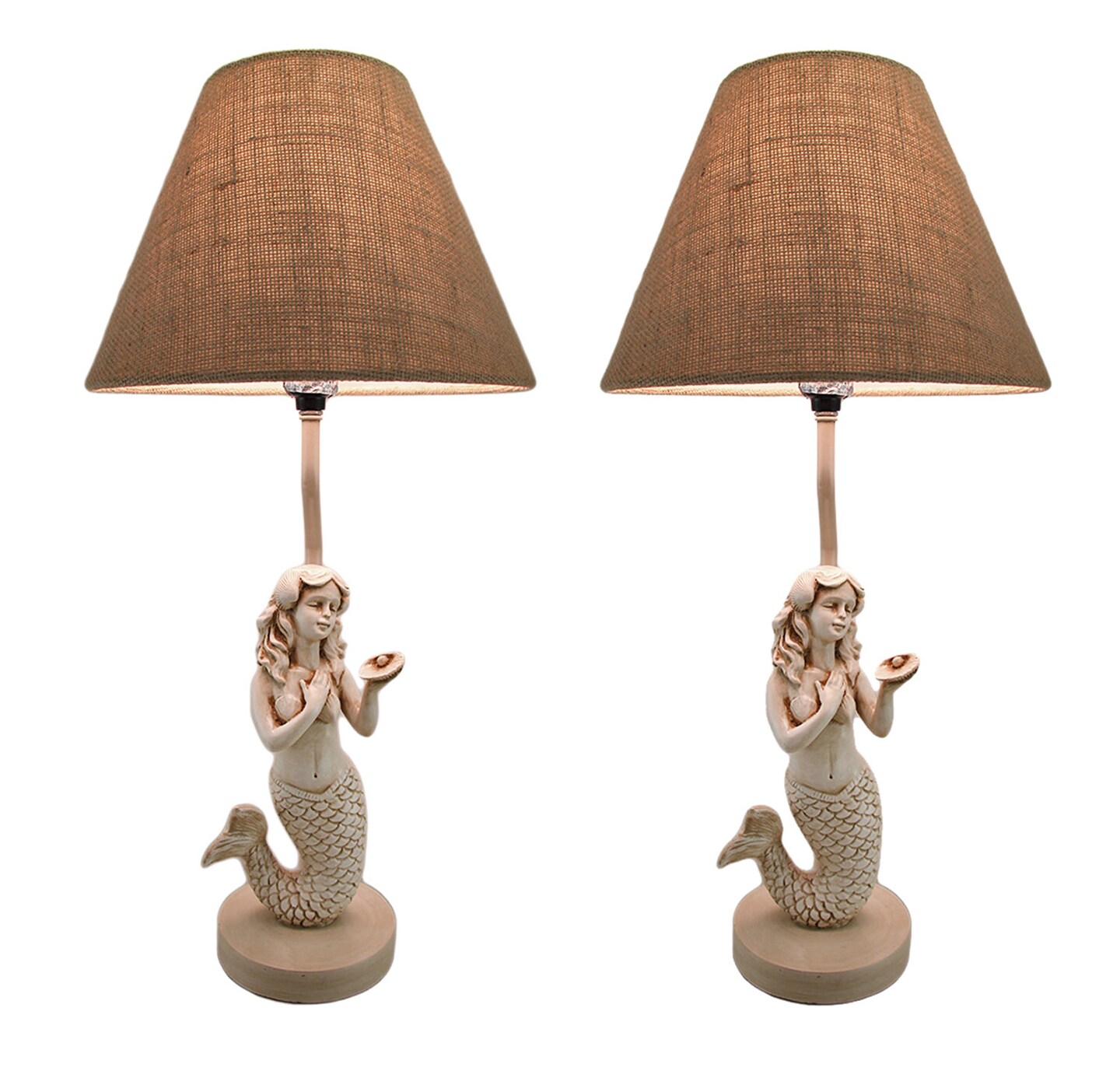 Beige Antique Stone Finish Mermaid Table Lamp with Burlap Shade Set of 2