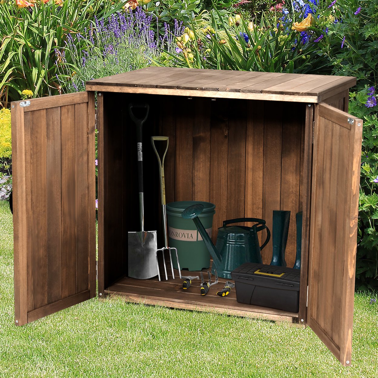 Storage Cabinet With Double Doors Solid Fir Wood Tool Shed Garden Organizer
