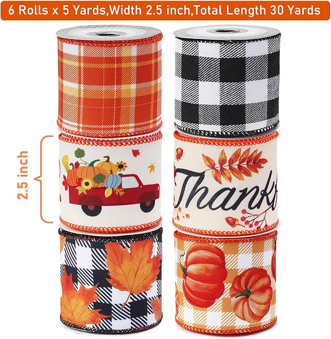 Fall Ribbon Wired 2 1/2&#x22; x 30 Yards (6 Roll x 5 Yards), Thanksgiving Pumpkin Buffalo Plaid Ribbon with Wire for Wreaths, Crafts, and Fall Decor
