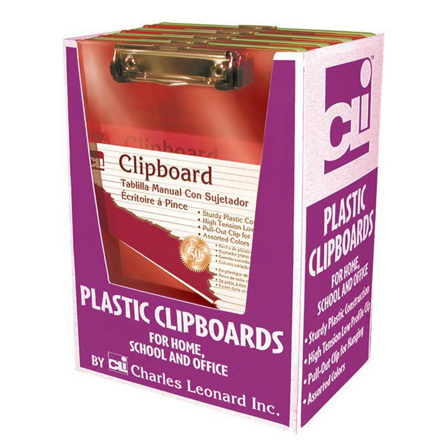 Transparent Plastic Clipboard, Low Profile Clip and Pull Out Hook, Letter Size, Assorted Neon Colors