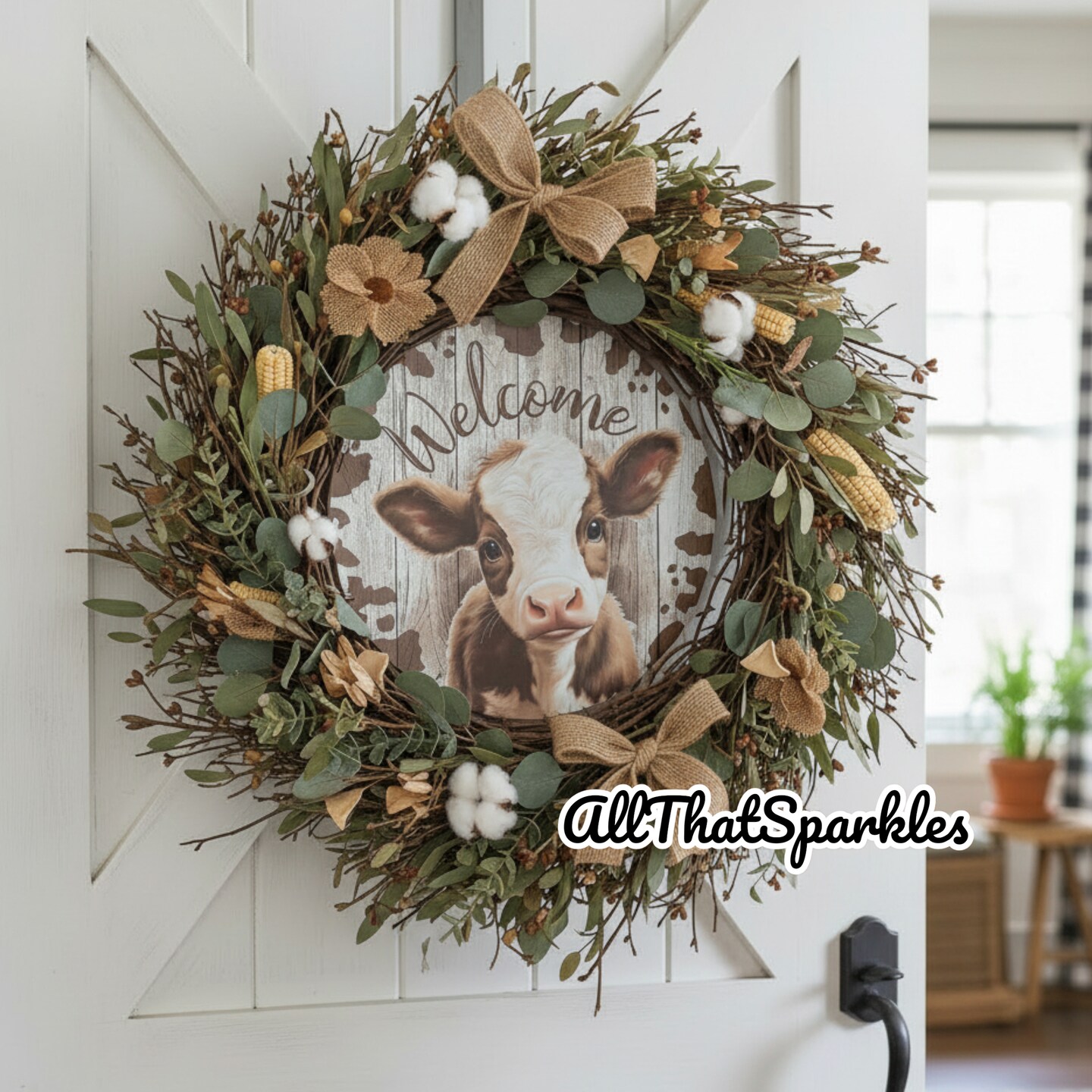 Baby Cow / Calf 12" Wreath Sign - Round Center Metal Plate - For Spring and Summer Decorations