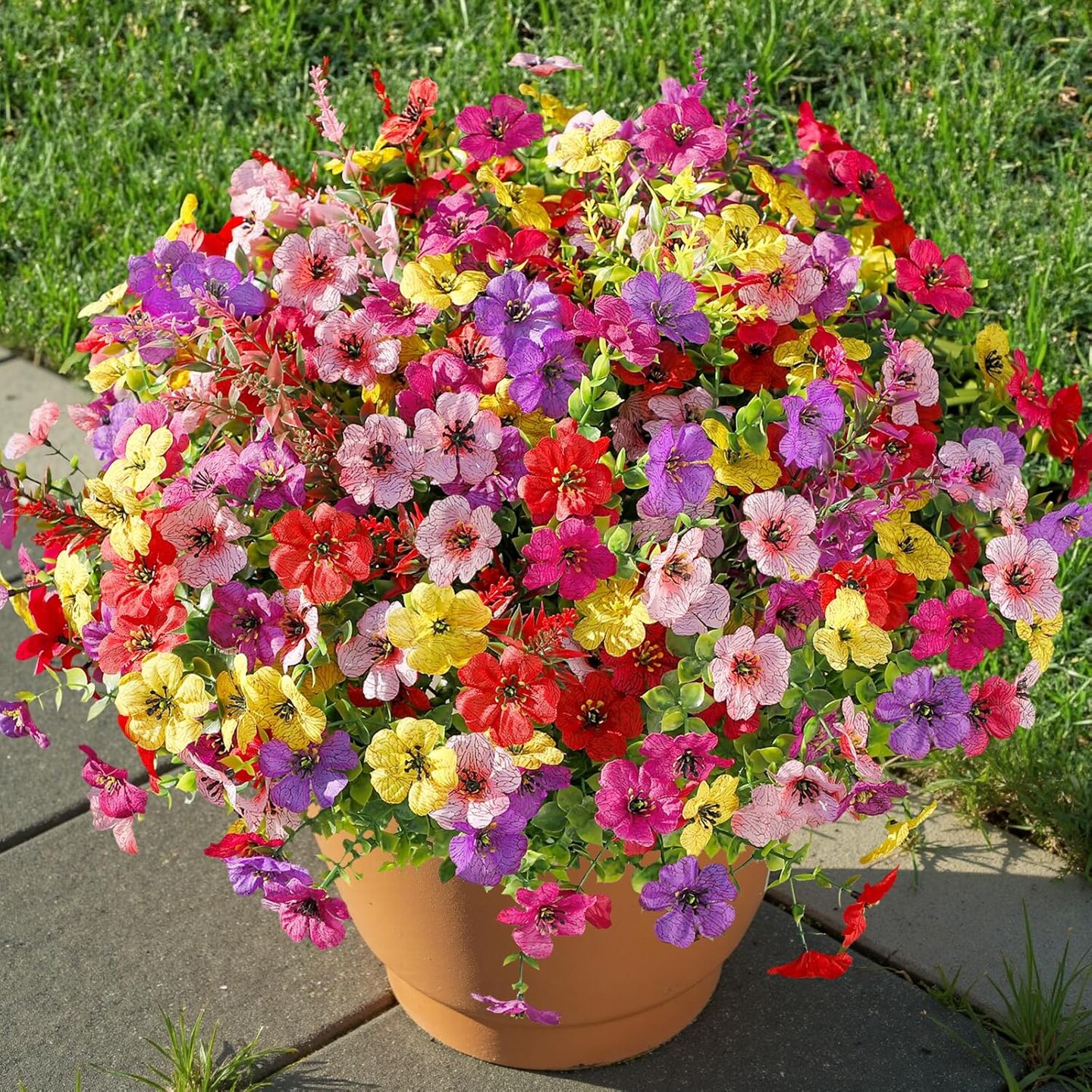 24 Bundles Artificial Flowers for Outdoors Decoration, Faux Plants Fake Silk Colorful Daisy Eucalyptus Lavender, UV Resistant for Outside Home Porch Patio Indoor Spring Decor, Mix 5 Colors