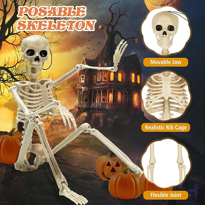 2 Pack Posable Halloween Skeleton, 16&#x22; Full Body Halloween Skeleton Decor with Movable Joints, Small Skeleton Halloween Decor, Halloween Party Indoor Decorations