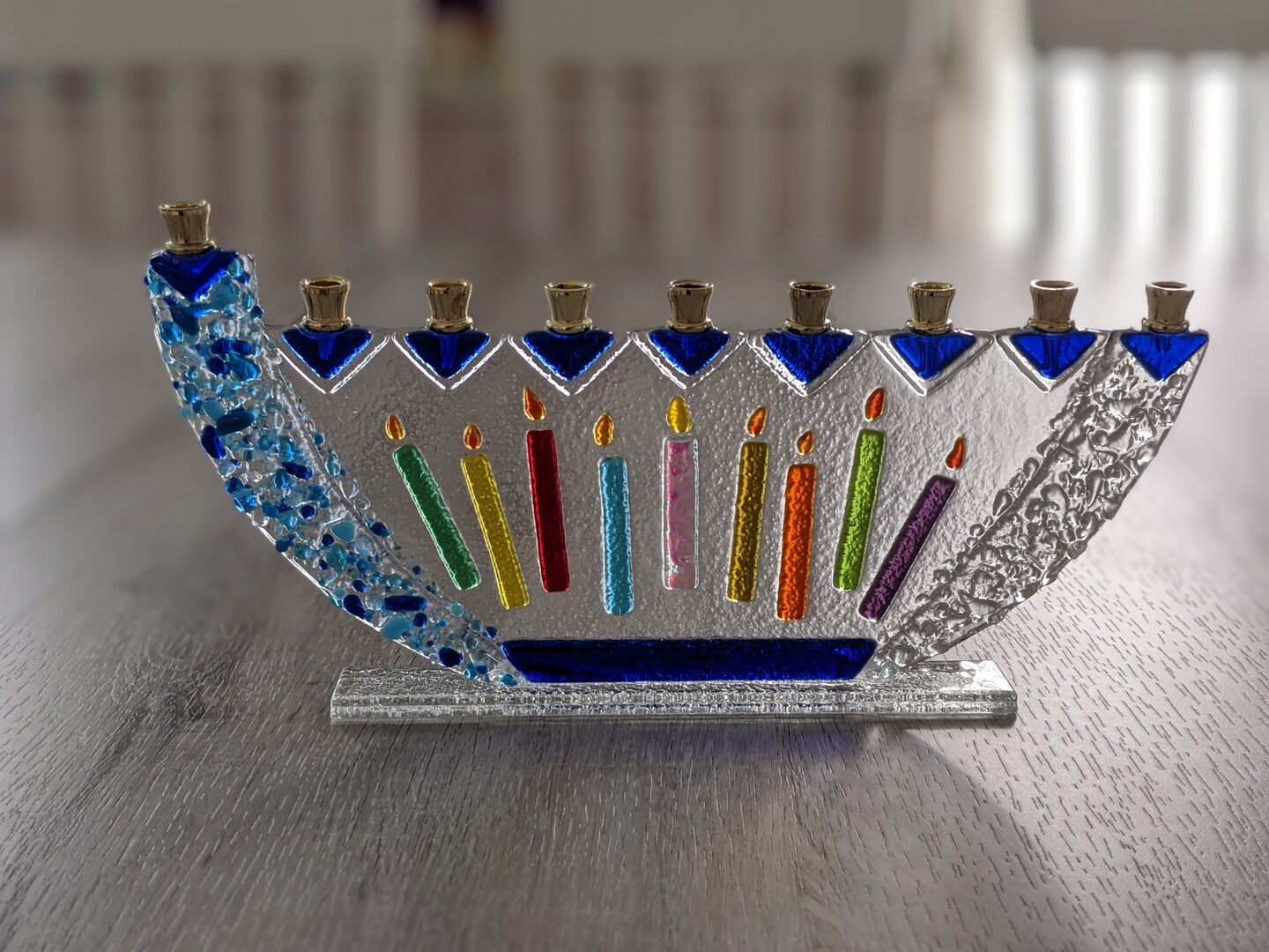 Two hearts shops LGBTQ pride glass menorah by YafitGlass