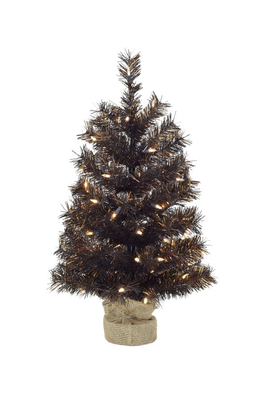 24&#x22; Tabletop Matte Black Gold Tinsel Christmas Tree