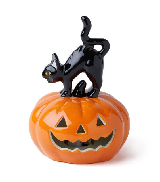 6&#x22; Orange Ceramic Pumpkin With Black Cat -Halloween LED