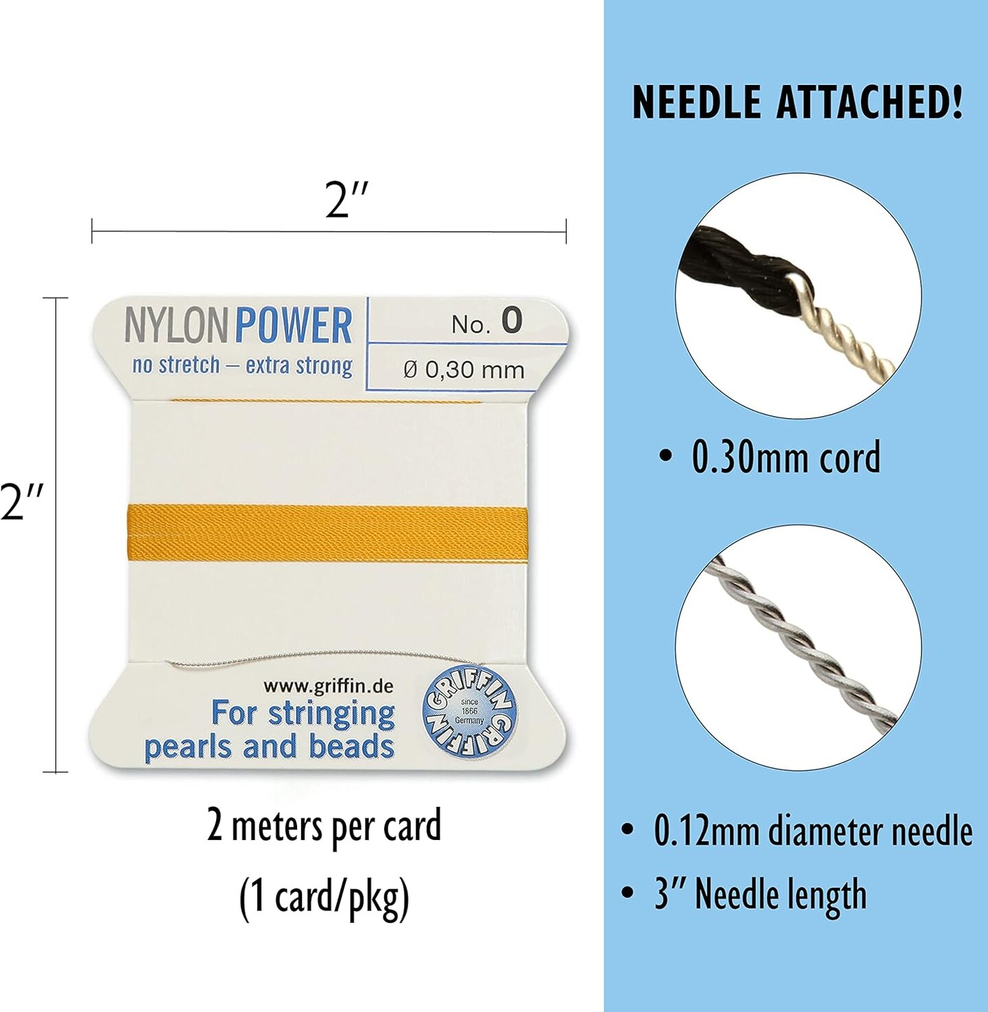 Griffin Nylon Bead Cord Perlseide – Size 0 (0.30mm) – 2 Meters per Card – Stainless Steel Needle Attached – for Knotting Pearls, Gemstones, Crystals and Beads