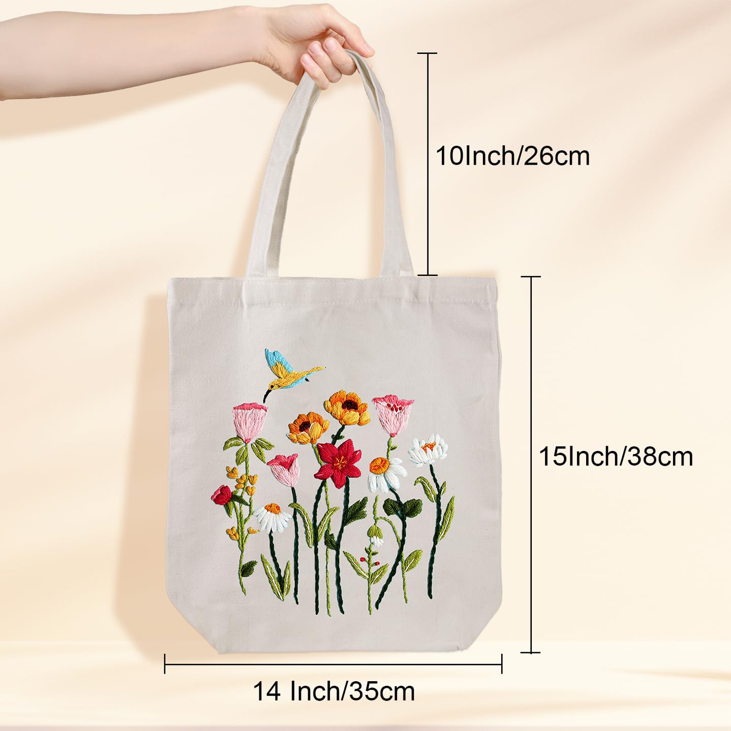 Embroidery Kit Canvas Tote Bag for Beginners,Cross Stitch Kits for Adults,DIY Crafts Needlepoint Include Hummingbird Floral Pattern,Women Shopping Reusable Grocery Bags