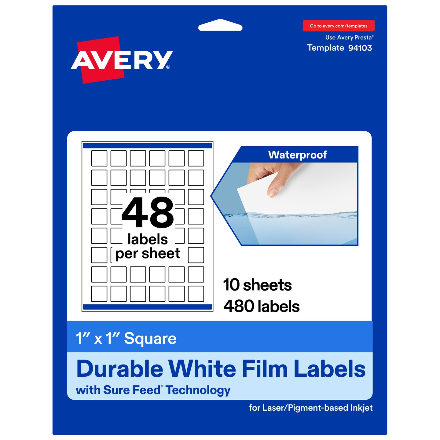 Avery Durable Waterproof Square Labels with Sure Feed, 1" x 1"