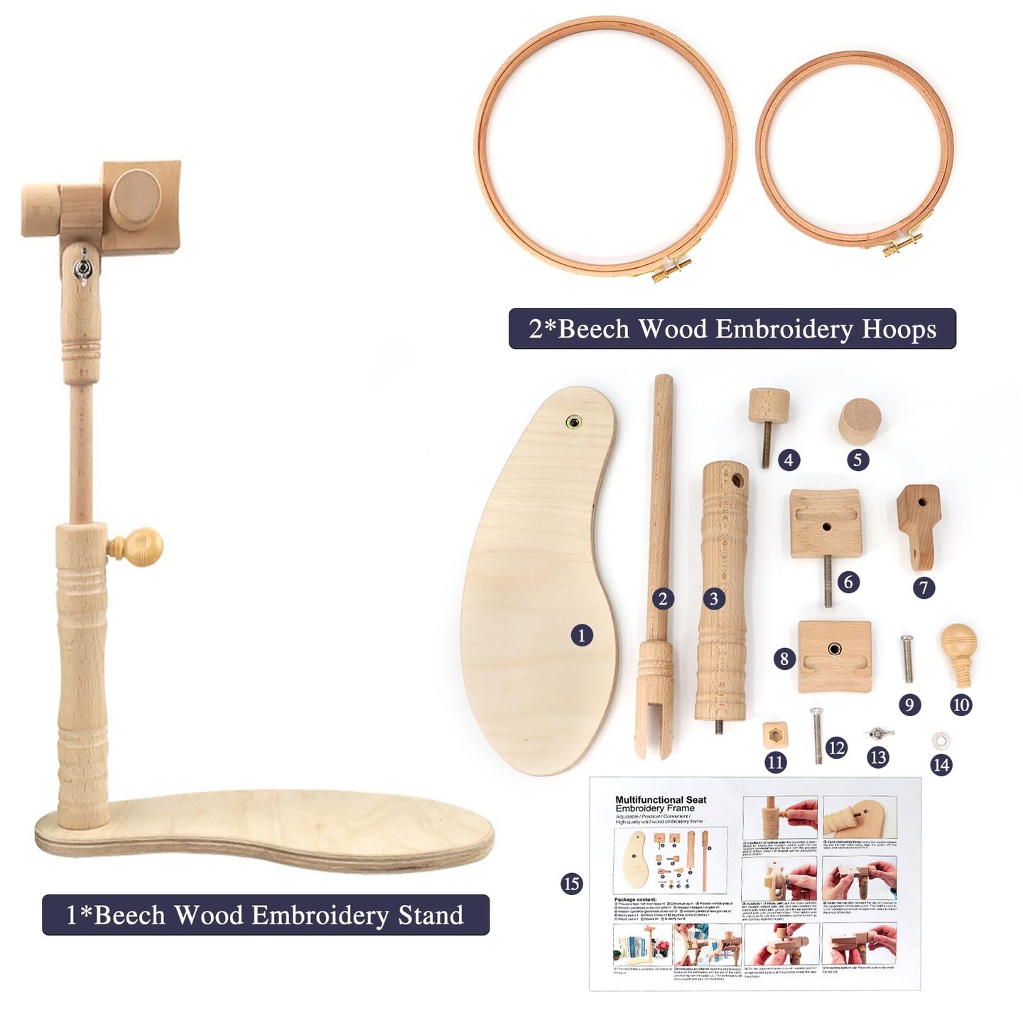 Beech Wood Adjustable Rotated Embroidery Hoop Stand with 2 Pcs 6'' 8'' Embroidery Hoops, Wooden Embroidery Stand, Embroidery Hoop Holder for Cross Stitch and Embroidery Project (A)