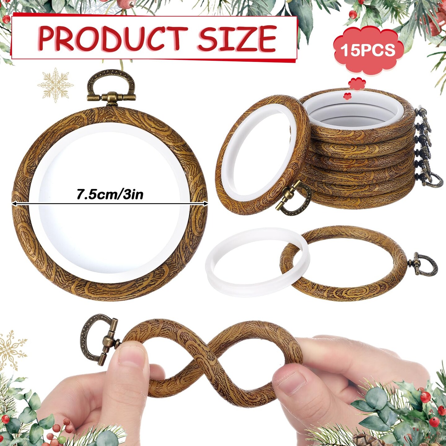 15 Pcs 2.4 Inch Fall Round Embroidery Hoops Frame Circle Rubber Hoops Ring Display Cross Stitch Ornament Imitated Wood Frame Kits for Christmas Halloween Craft Sewing DIY Hanging Gifts