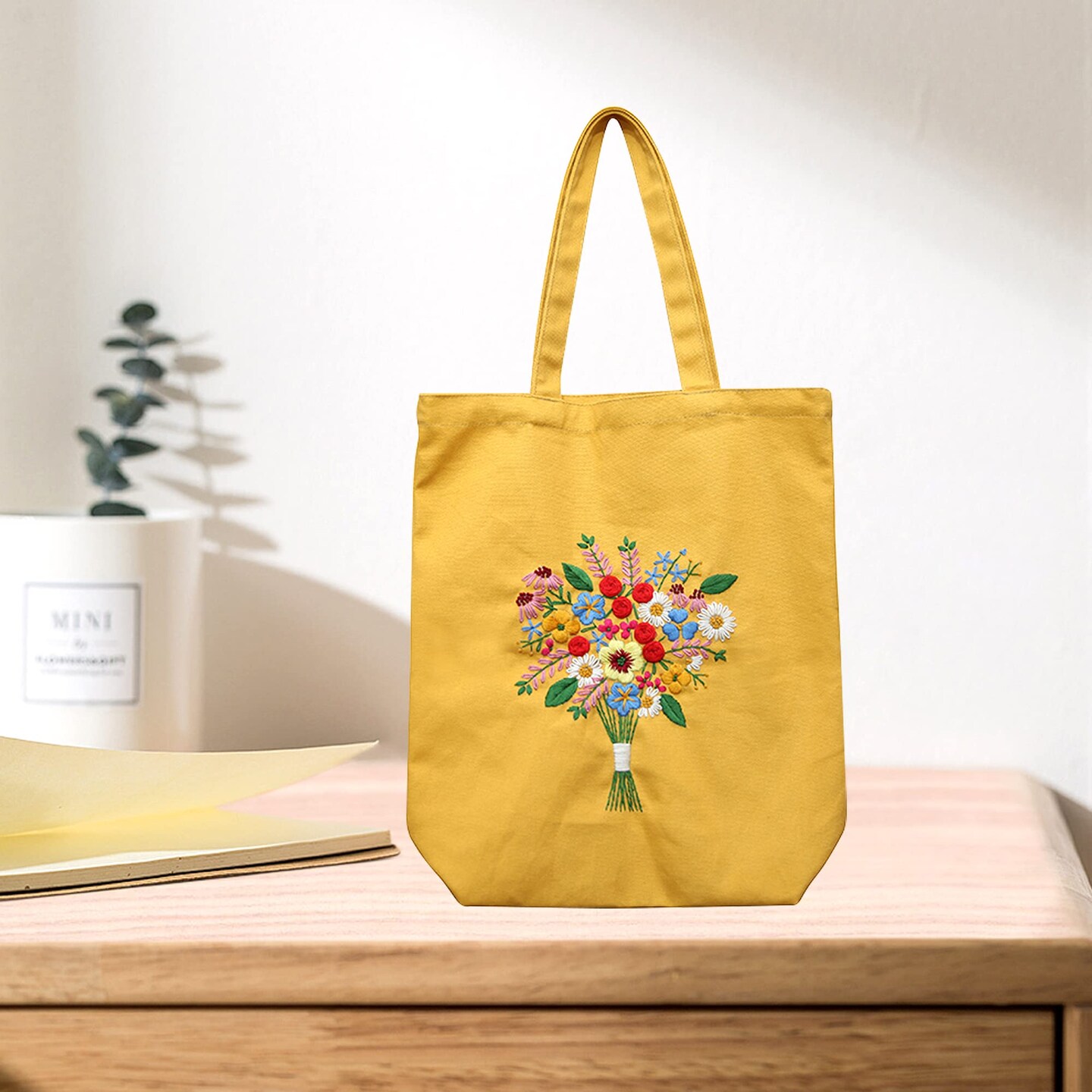 Canvas Tote Bag Embroidery Kit with Pattern for Beginners, Arts and DIY Crafts Kits for Adults, Include Instructions Embroidery Bag, Embroidery Hoops, Color Threads and Tool (Yellow)
