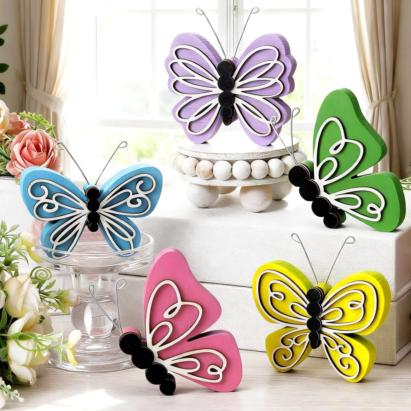 5 Pcs Spring Butterfly Wooden Table Centerpiece Tiered Tray Decor