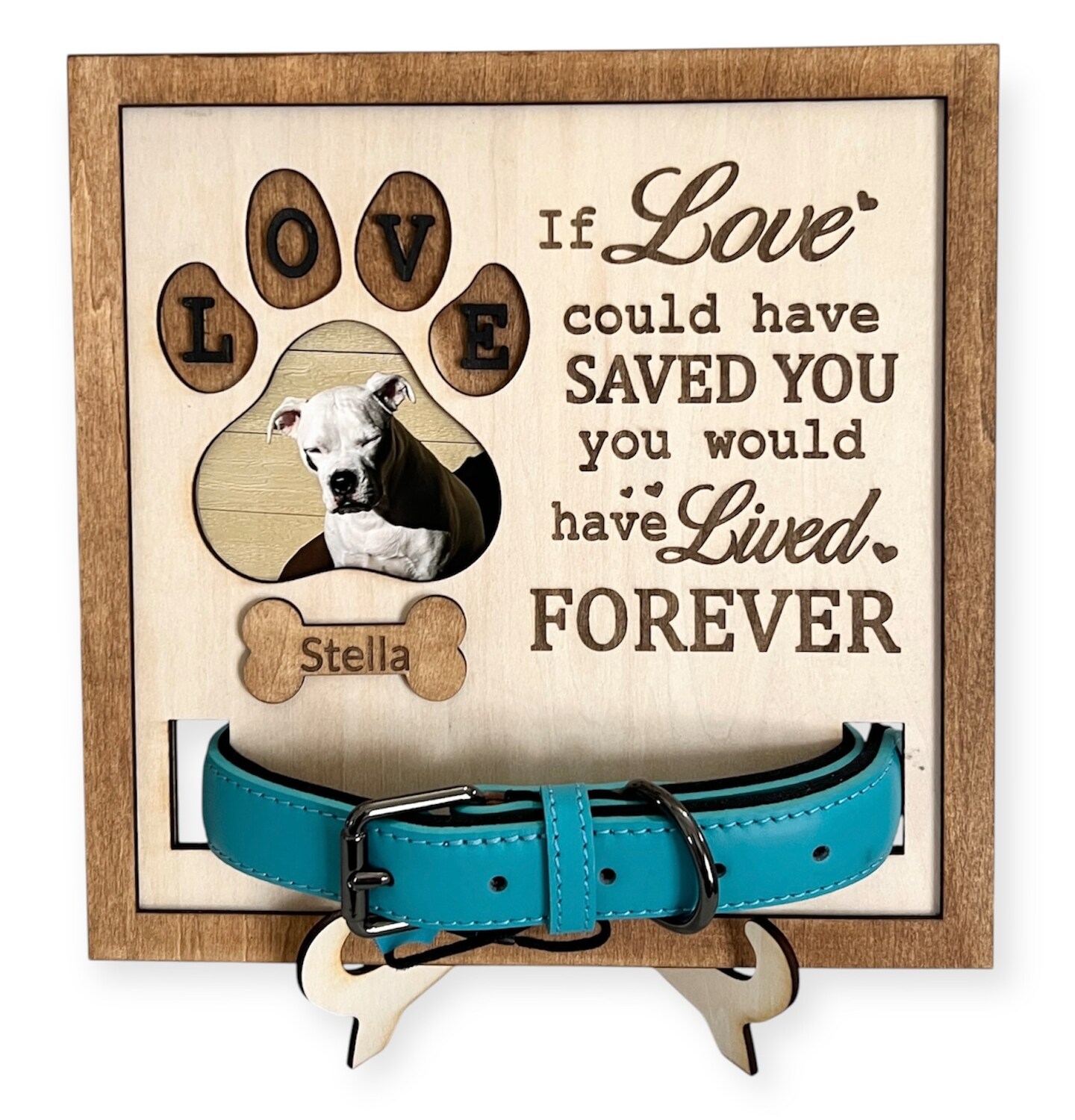product name is Custom and Personalized Pet Memorial with Display Stand - Collar Display - Photo Frame - Memorial Gift