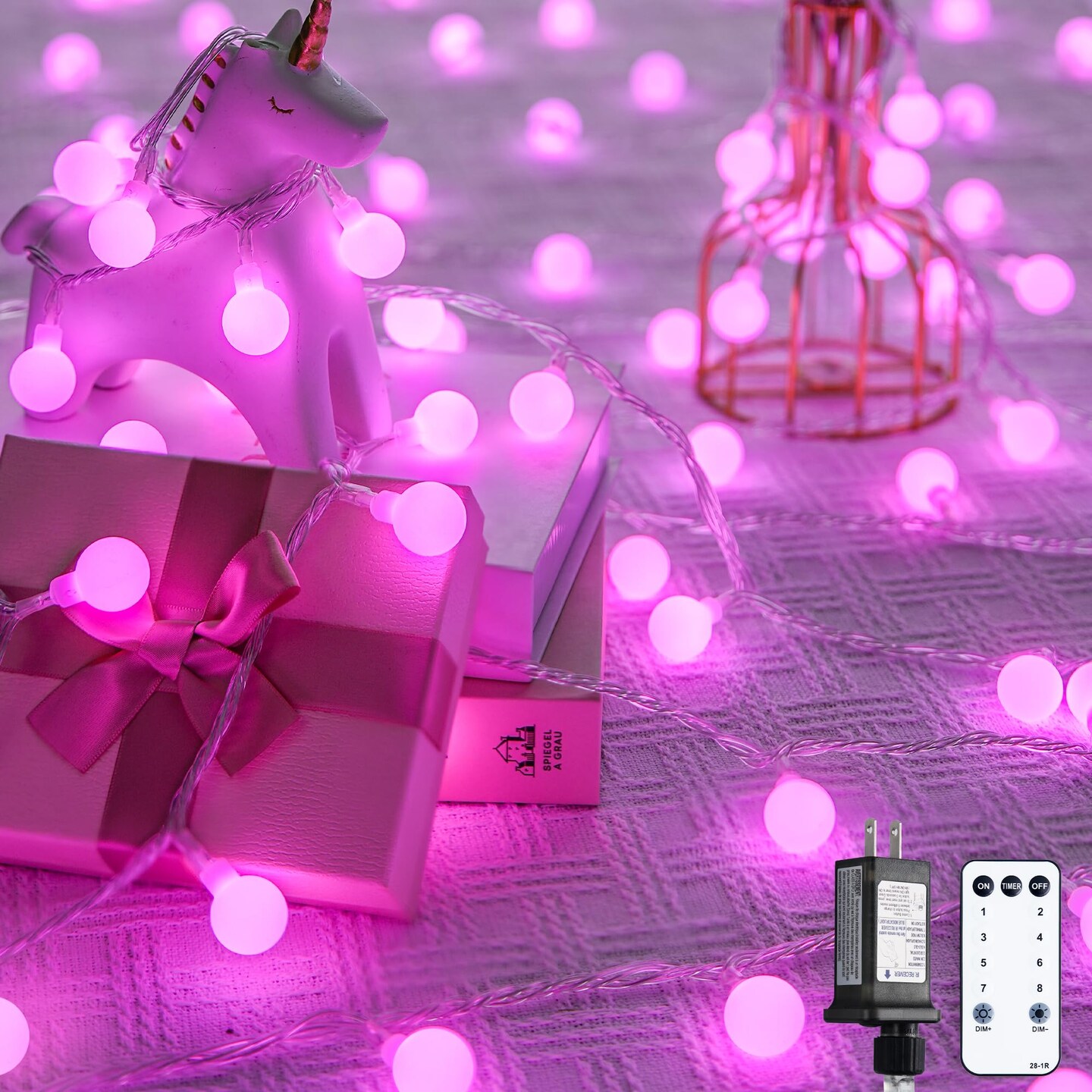100 LED Pink Valentine Lights Indoor,33 ft Connectable Globe String Lights Plug in, 8 Mode Fairy String Light with Remote for Bedroom Girl Room Anniversary Party Valentines Day Decorations