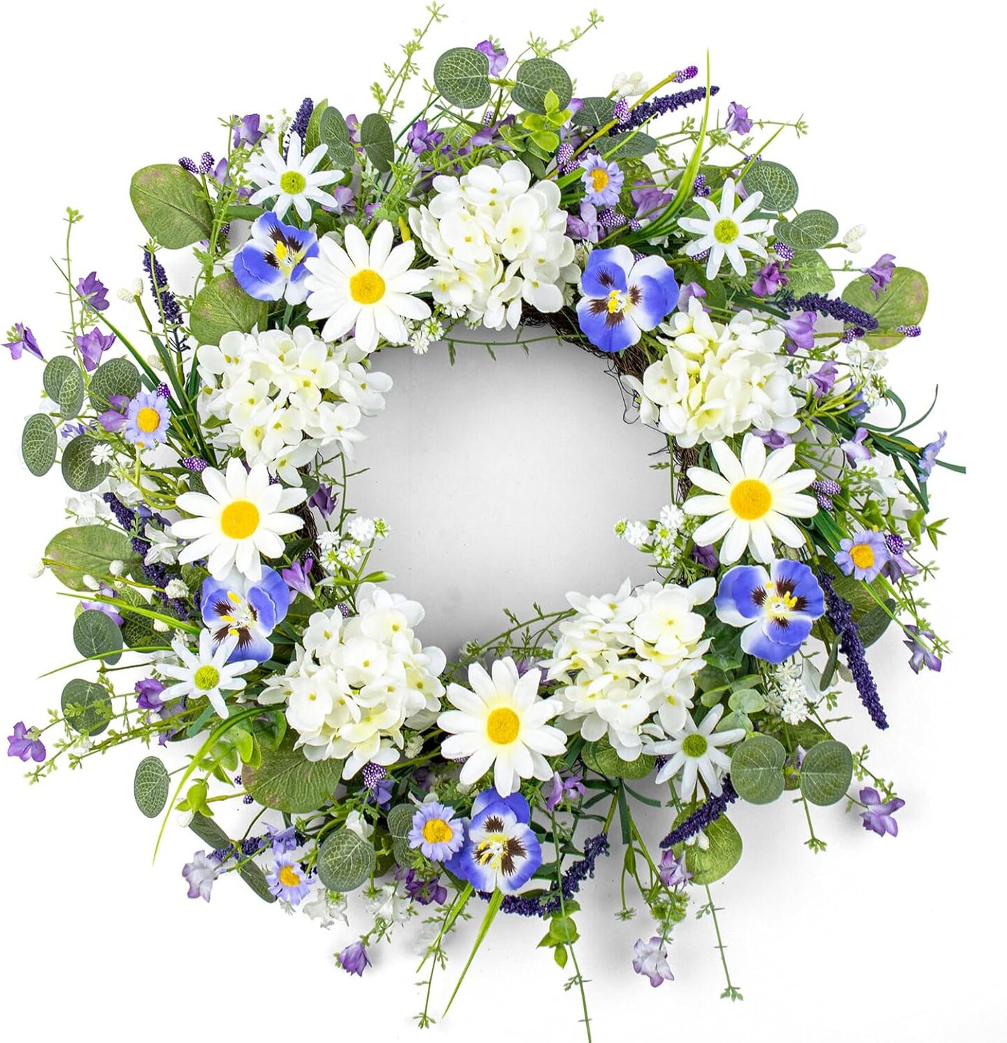 22-Inch Spring Wreath for Front Door – Sunflowers, White Hydrangeas & Blue Phalaenopsis Orchids, Farmhouse Floral Wreath for Window, Wall, Porch Decor