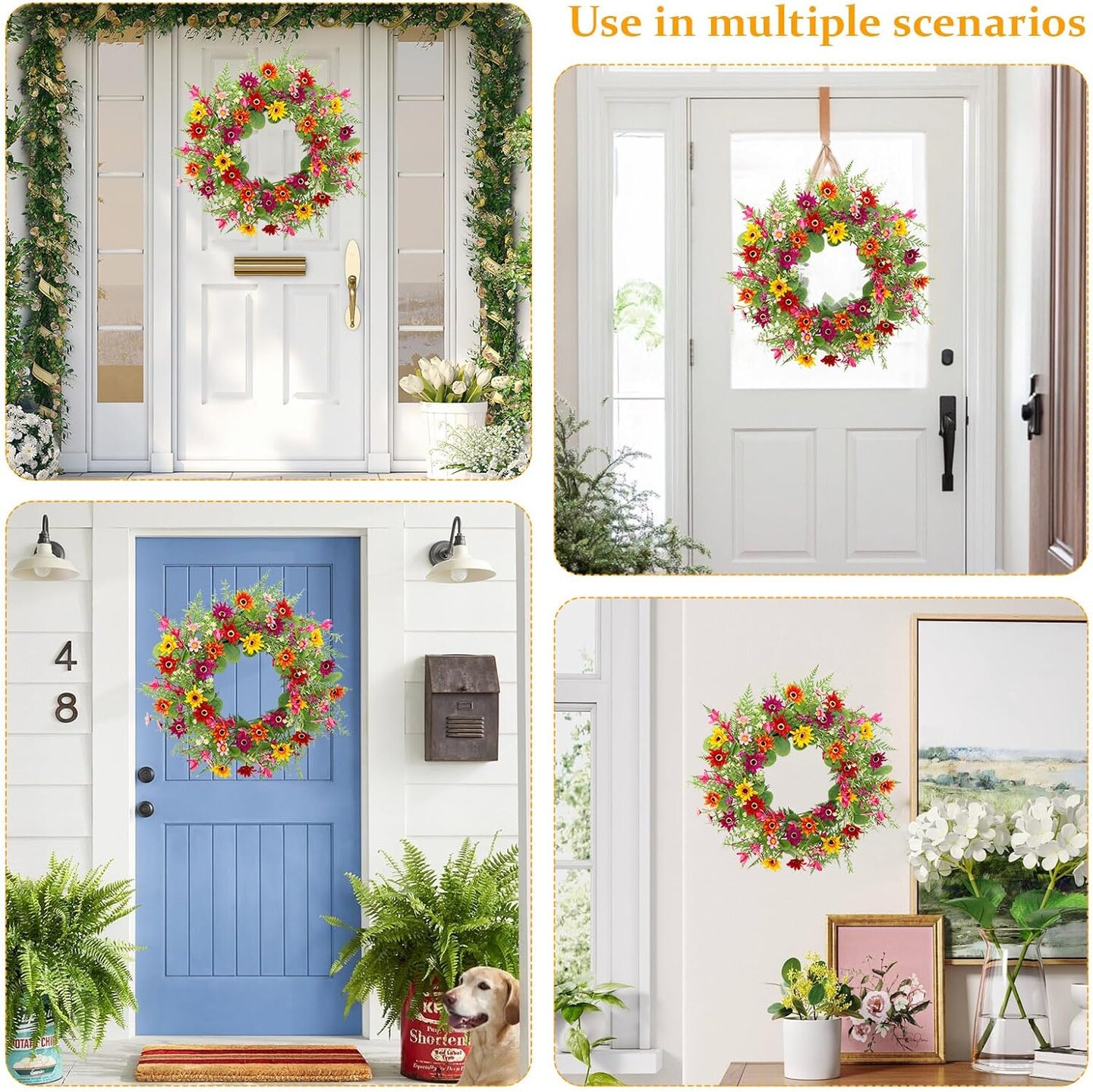 Spring Wreaths for Front Door, 22" Artificial Daisy Spring Wreath with Wildflowers, Ferns & Eucalyptus Leaves – Full Floral Farmhouse Wreath for Indoor Outdoor Door, Wall & Porch Decor