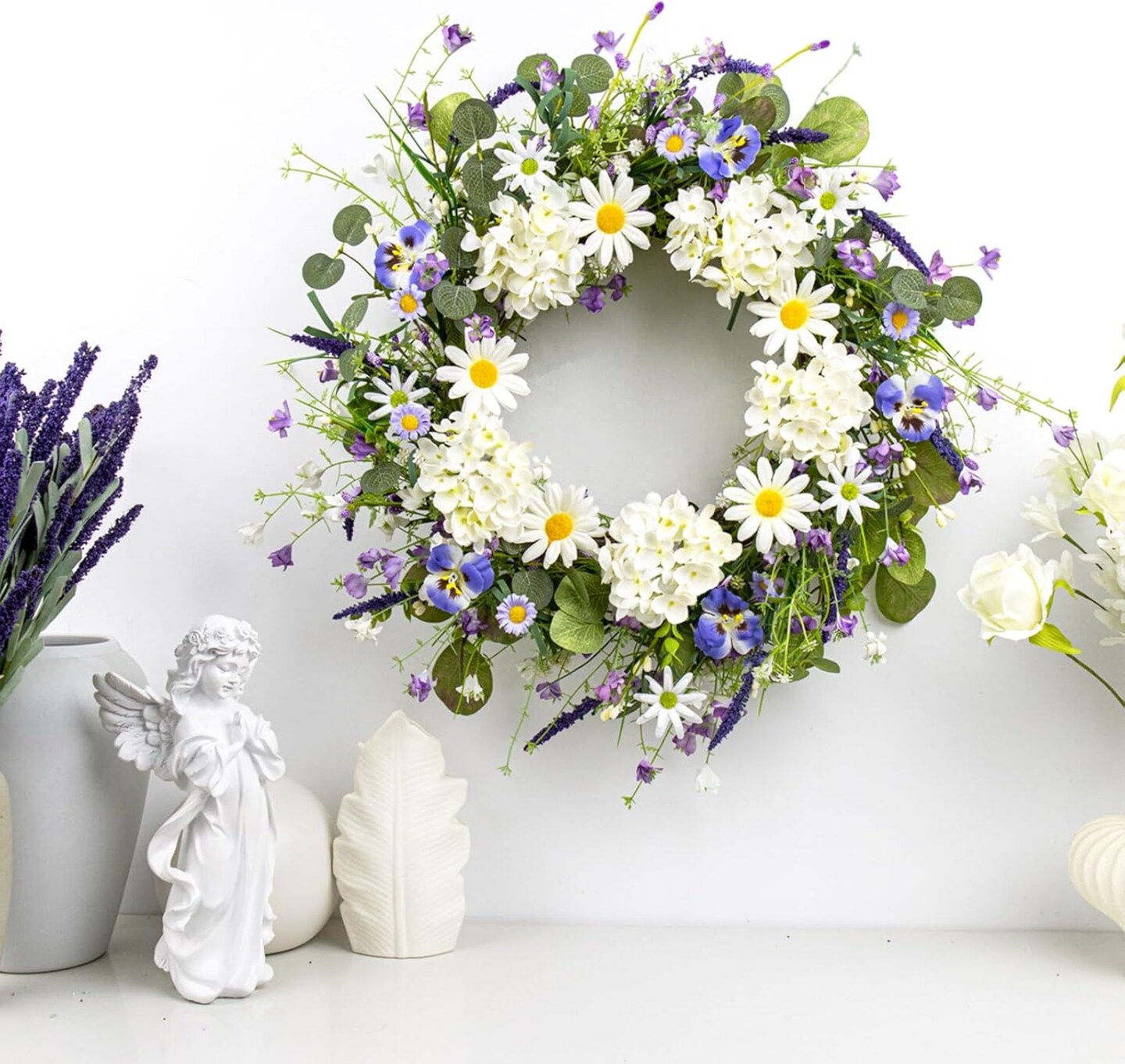 22-Inch Spring Wreath for Front Door – Sunflowers, White Hydrangeas & Blue Phalaenopsis Orchids, Farmhouse Floral Wreath for Window, Wall, Porch Decor