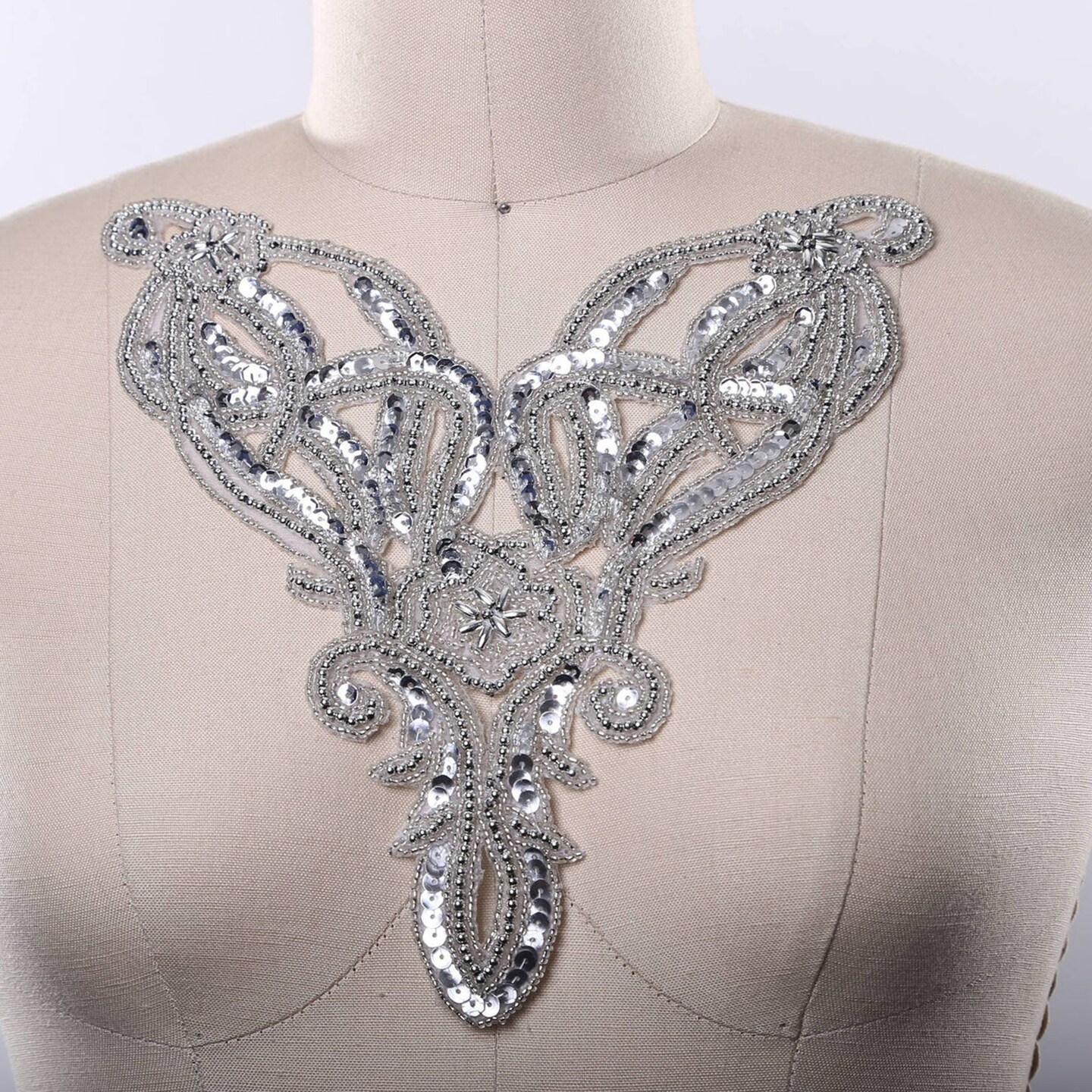 Silver Beaded Sequin Collar Applique Patch Victorian Costume Neck Trim