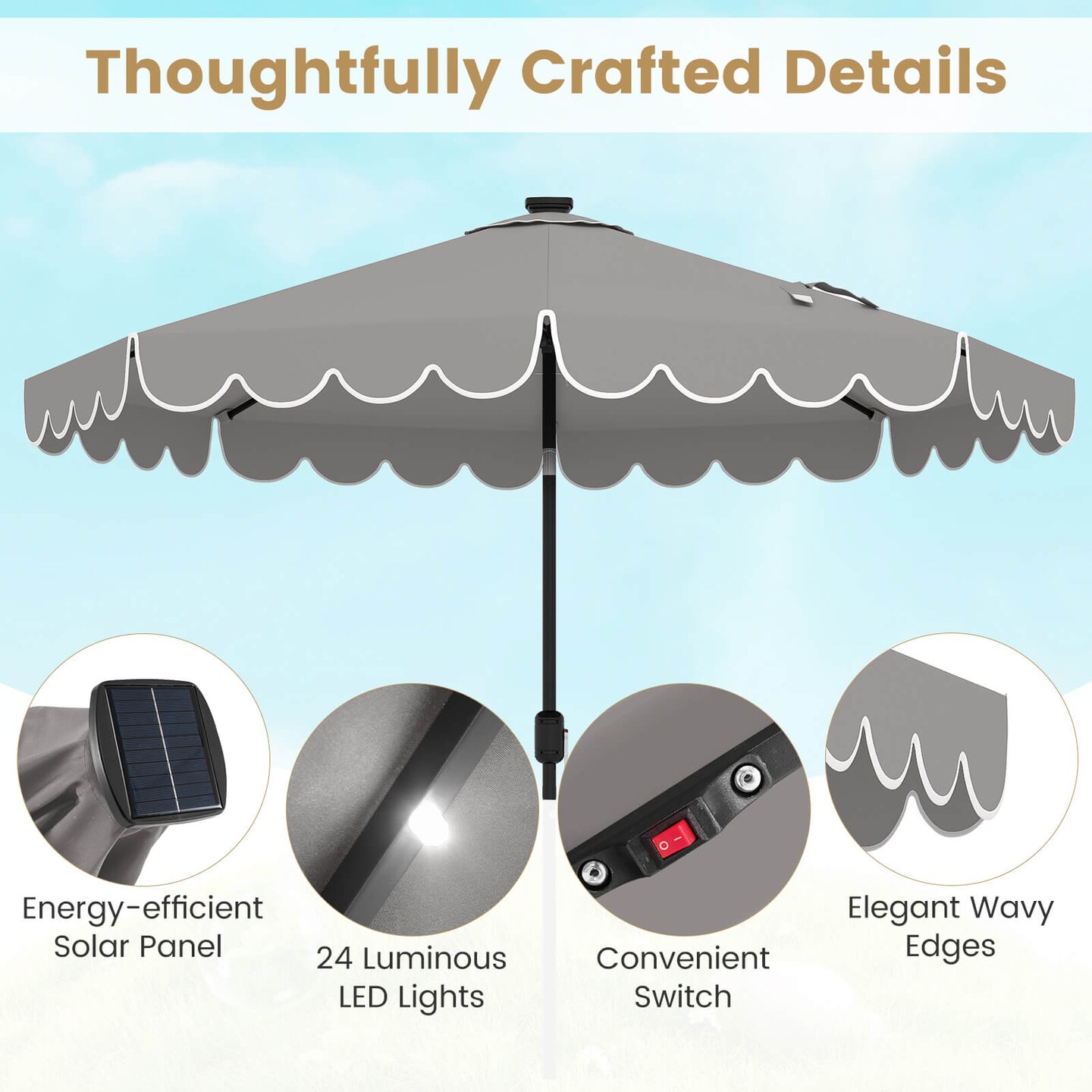 Costway 9.3 FT Solar Patio Umbrella Outdoor Market Sunshade with 24 LED Lights,Ruffles Beige/Brown/Red/Gray/Turquoise