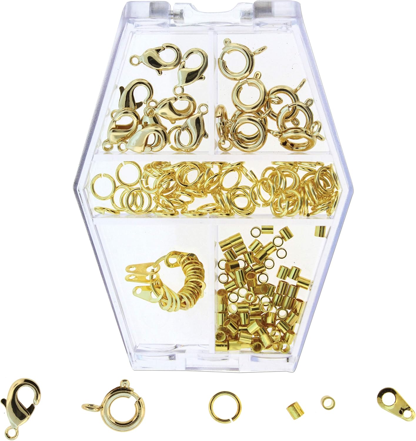 The Beadsmith Basic Elements Findings Assortments for Jewelry Making and Repair, Includes Lobster Clasps, Spring Rings, Jump Rings, End Tags, and Crimp Beads, Gold Color