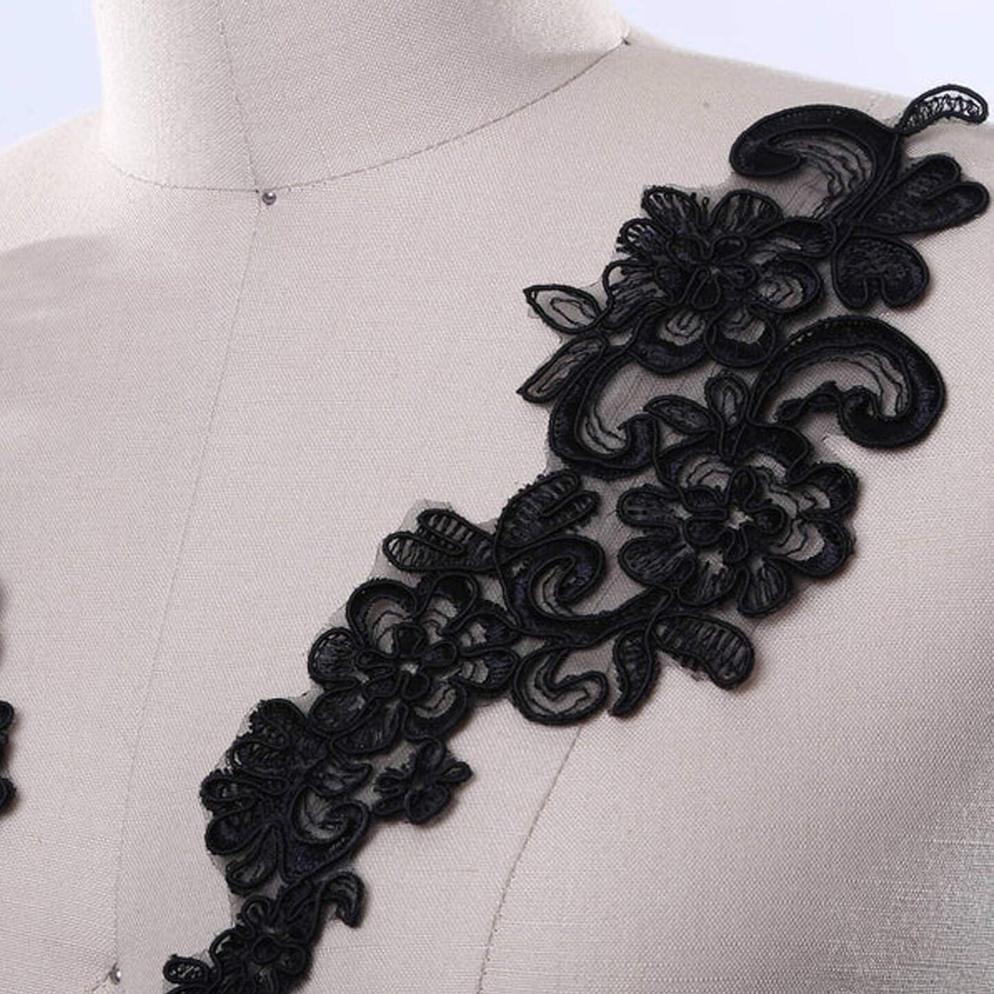 2 Pieces Small 7.25x3 Black Alencon Lace Patch Applique Floral Swirls