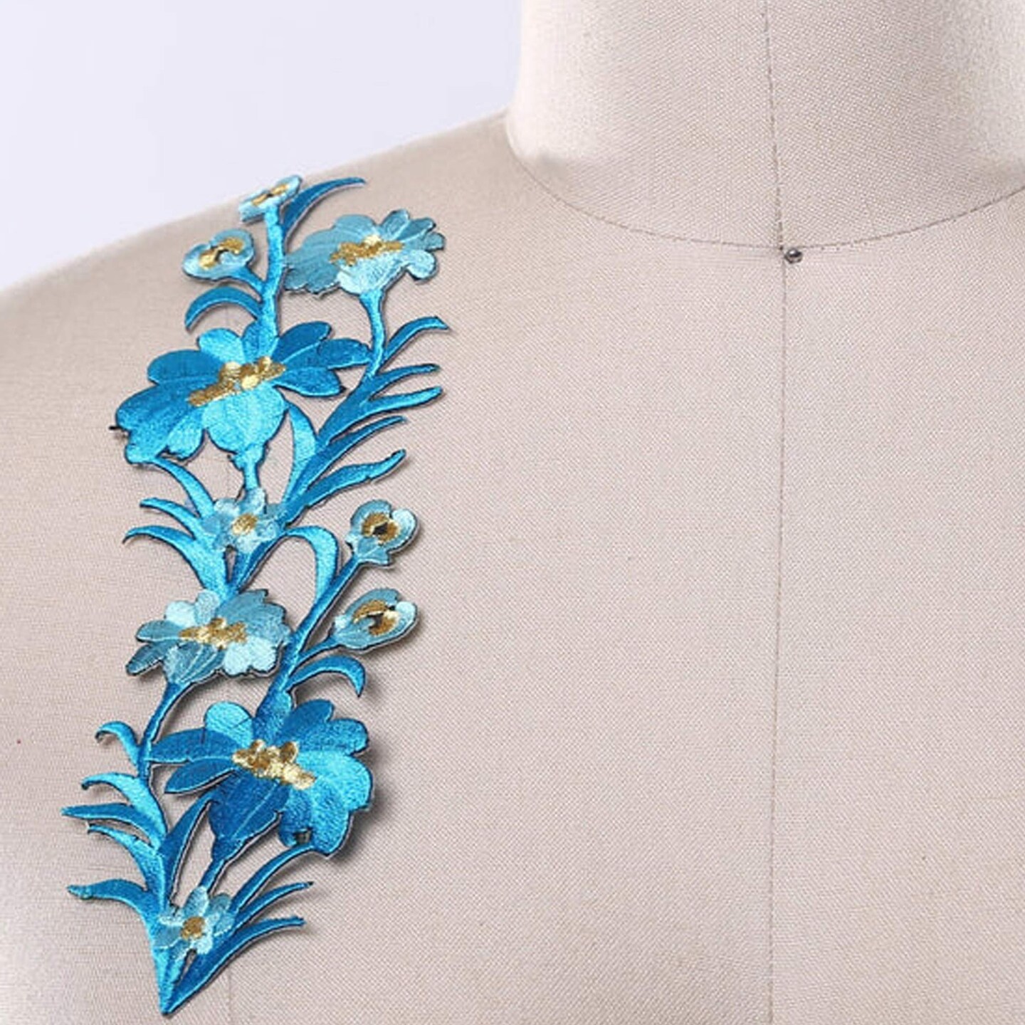8&#x22; x 2.25&#x22; Electric Blue Flower Patches Set of 2 Embroidered Appliques with Gold Thread Accent