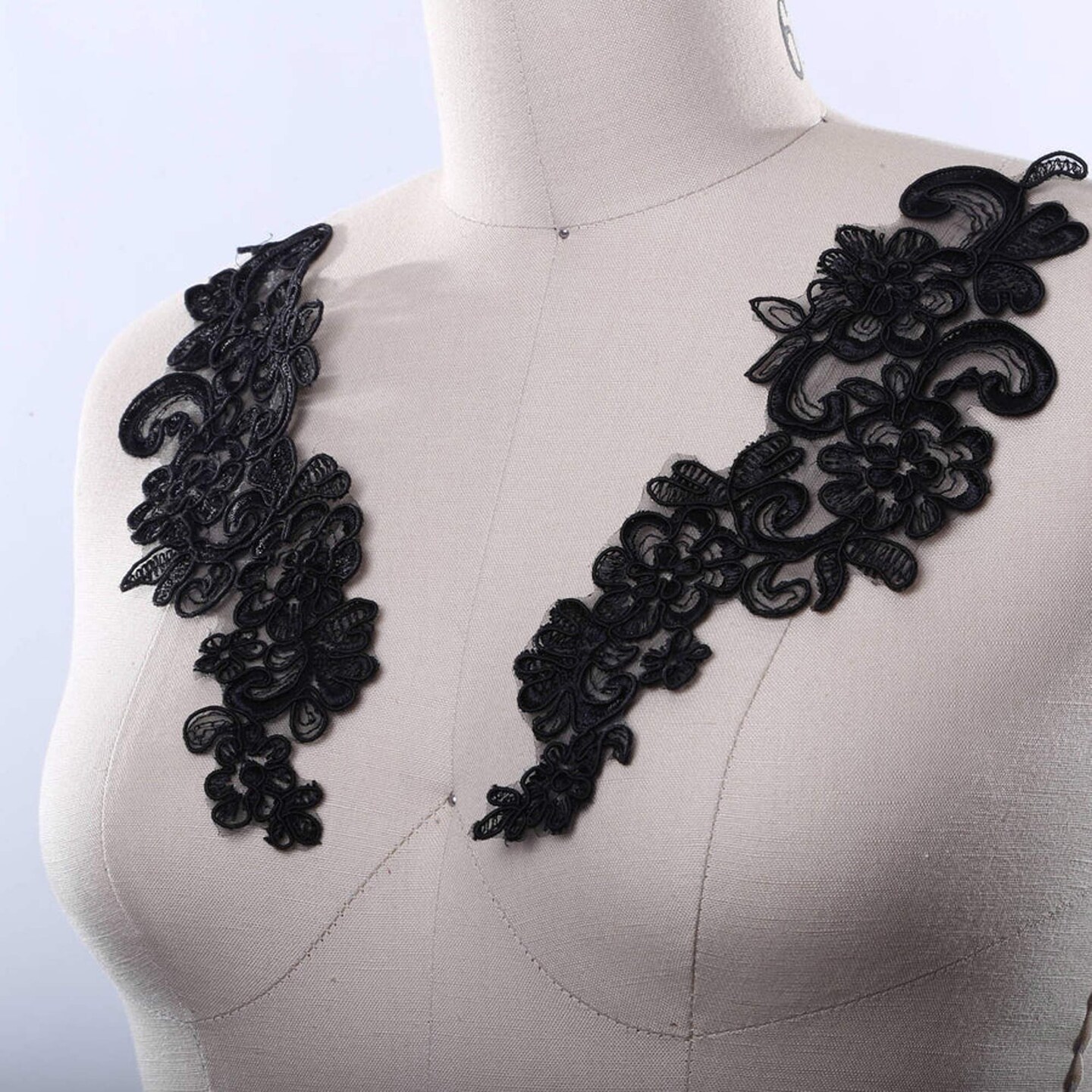 2 Pieces Large 9x3 Black Alencon Lace Patch Applique Flowers Swirls Design